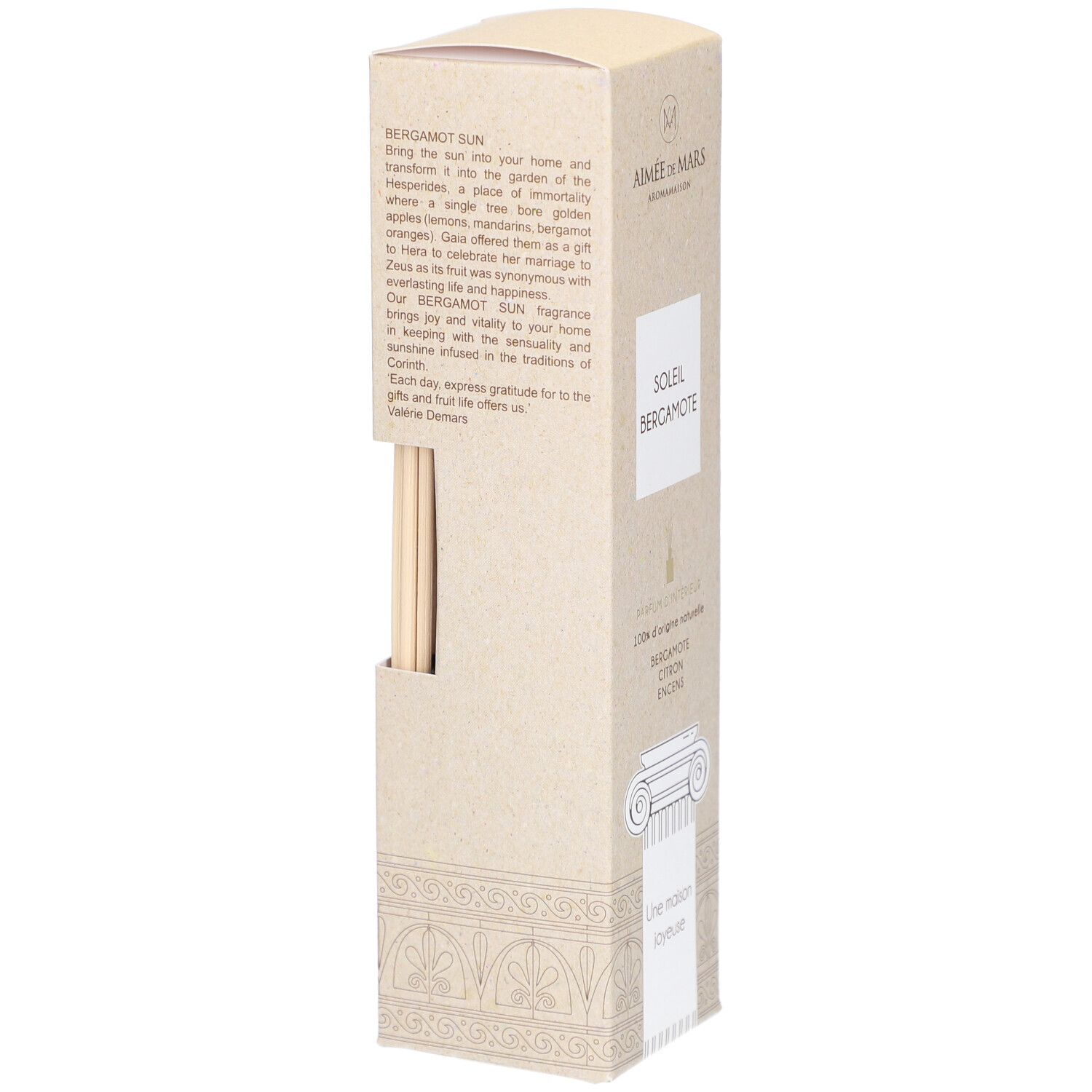 Boîte Soleil Bergamote avec bâtonnets. Marque Aimée de Mars. Beige, texte en anglais.