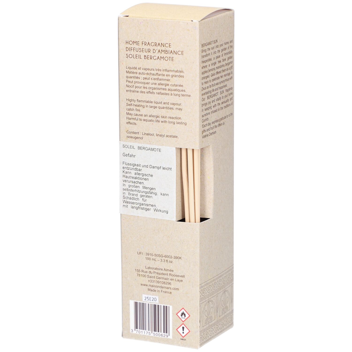 Boîte Soleil Bergamote avec bâtonnets. Marque Aimée de Mars. Beige, avertissements.
