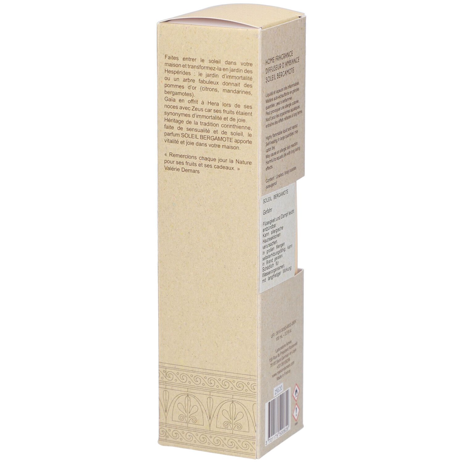 Boîte Soleil Bergamote. Marque Aimée de Mars. Beige, texte en français.