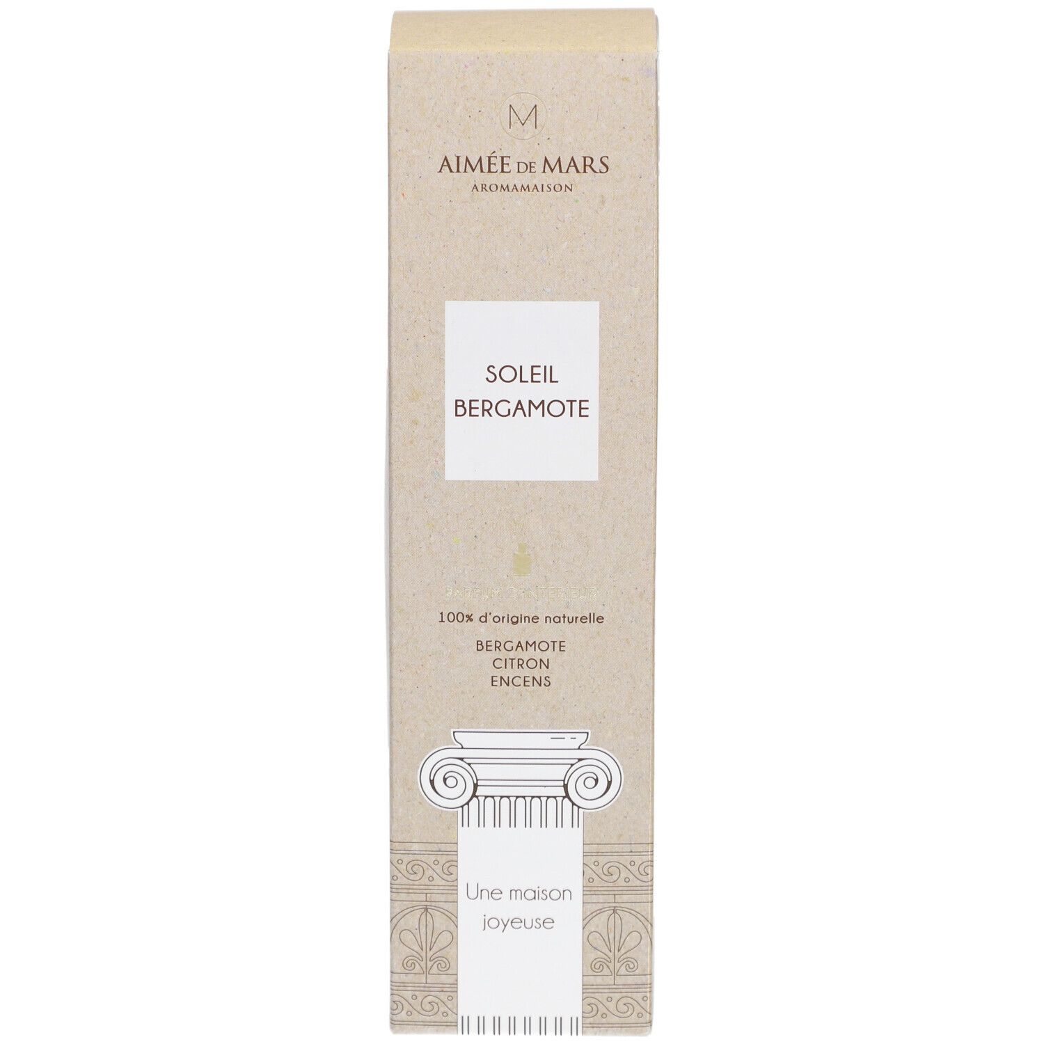 Boîte Soleil Bergamote. Marque Aimée de Mars. Beige, illustration de colonnes.
