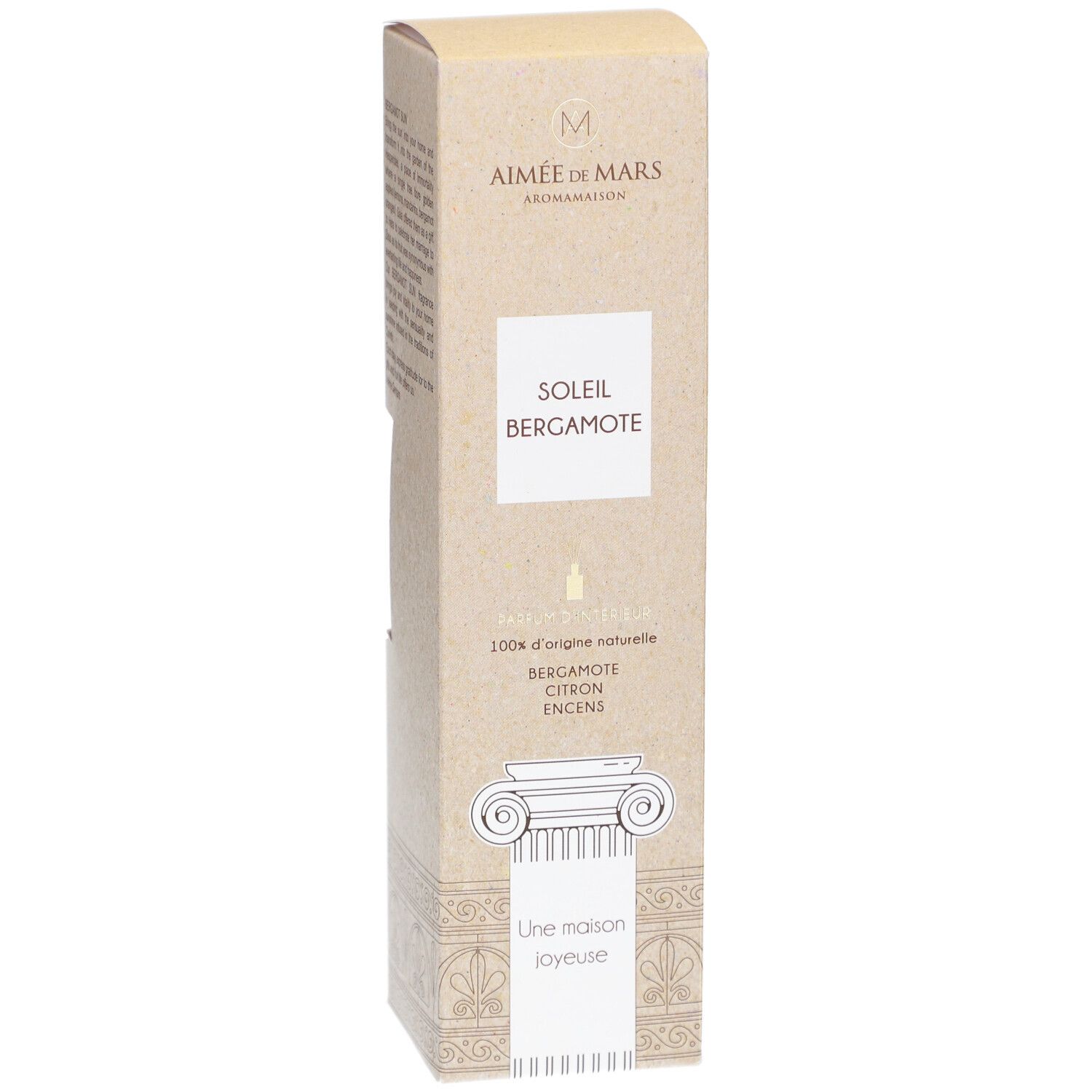 Boîte Soleil Bergamote. Marque Aimée de Mars. Beige, illustration de colonnes.
