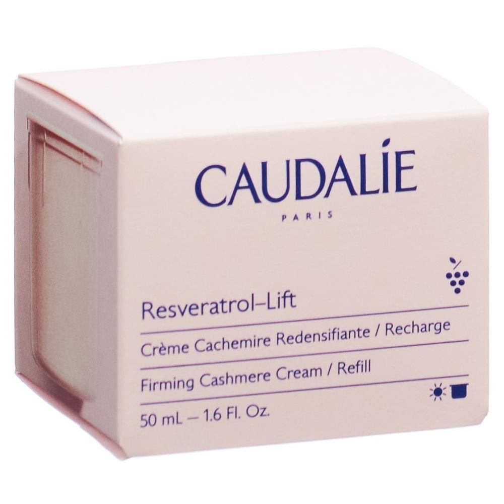 Caudalie-Produktverpackung. Resveratrol-Lift Creme. Weiße Schachtel mit blauer Schrift. 50 ml.