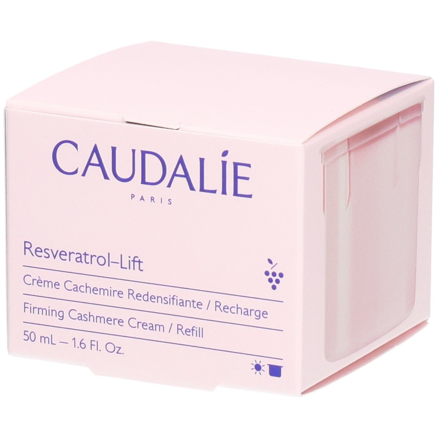 Caudalie Resveratrol-Lift Creme-Verpackung. Rosa Schachtel mit Produktnamen und Logo.