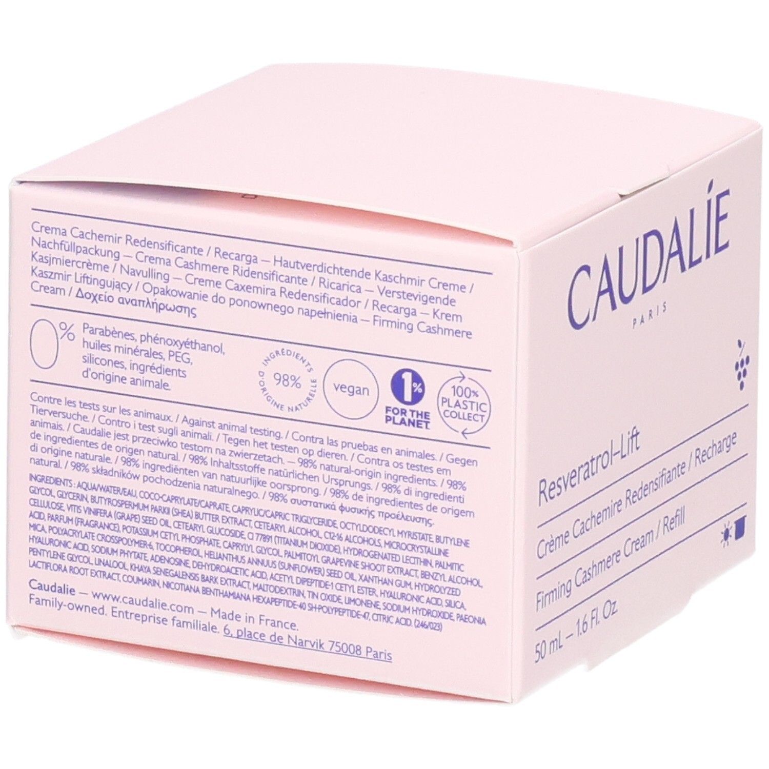 Caudalie Resveratrol-Lift Creme-Verpackung. Rosa Schachtel mit Text und Logo.