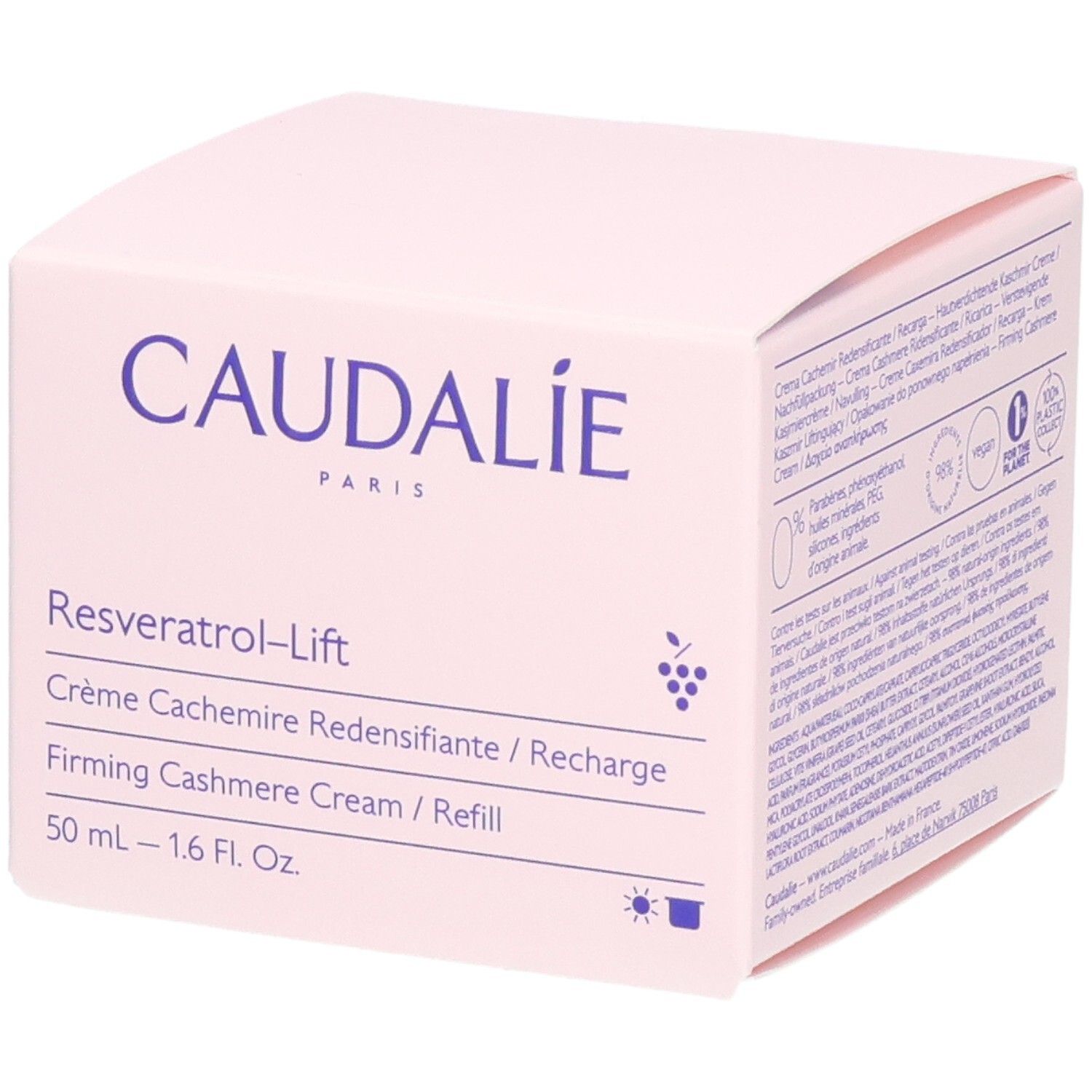 Caudalie Resveratrol-Lift Creme-Verpackung. Rosa Schachtel mit Produkt und Logo.