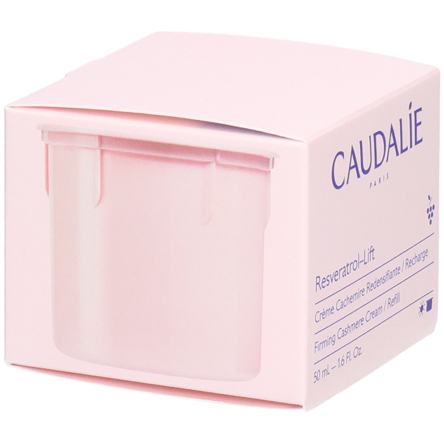 Caudalie Resveratrol-Lift Creme-Verpackung. Rosa Schachtel mit Produkt und Logo.