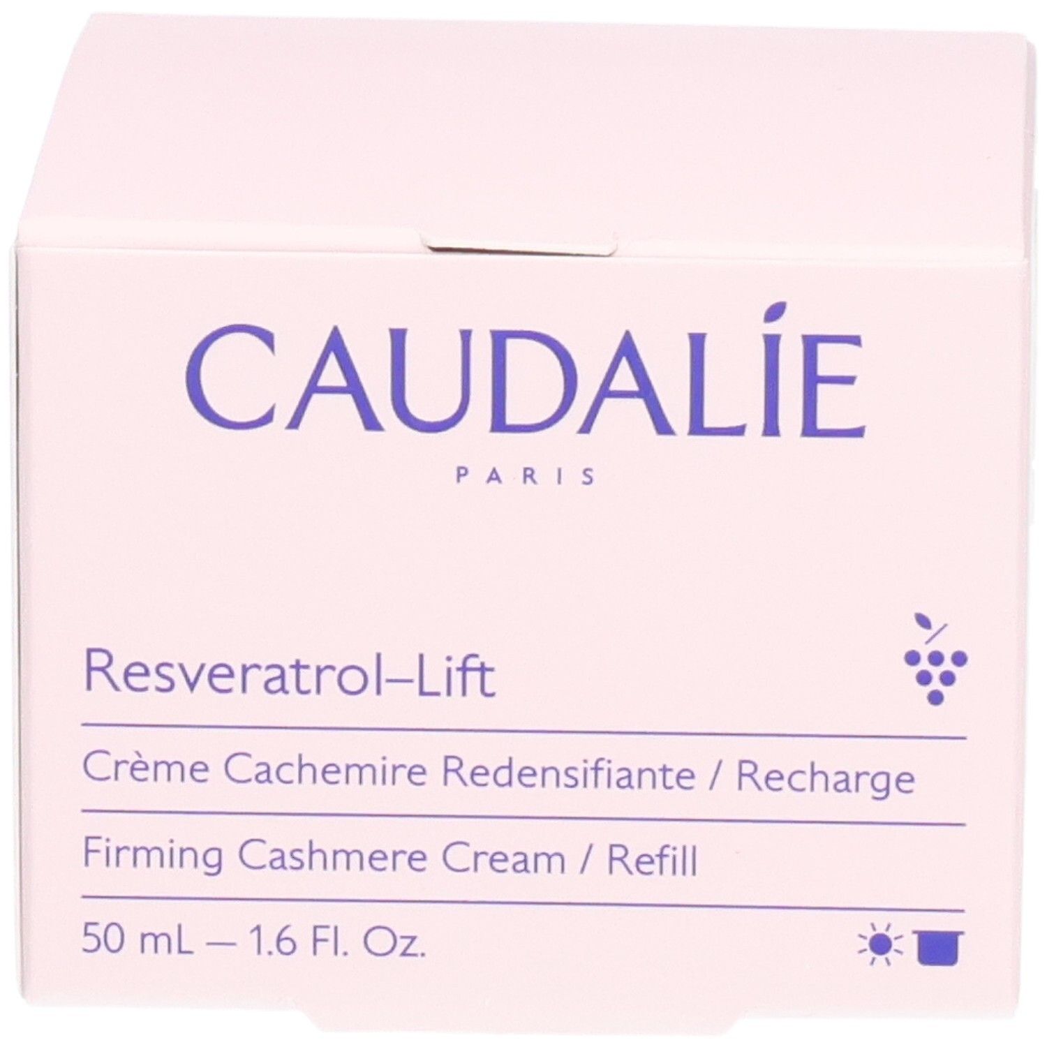 Caudalie Resveratrol-Lift Creme-Verpackung. Rosa Schachtel mit Produktnamen und Logo.