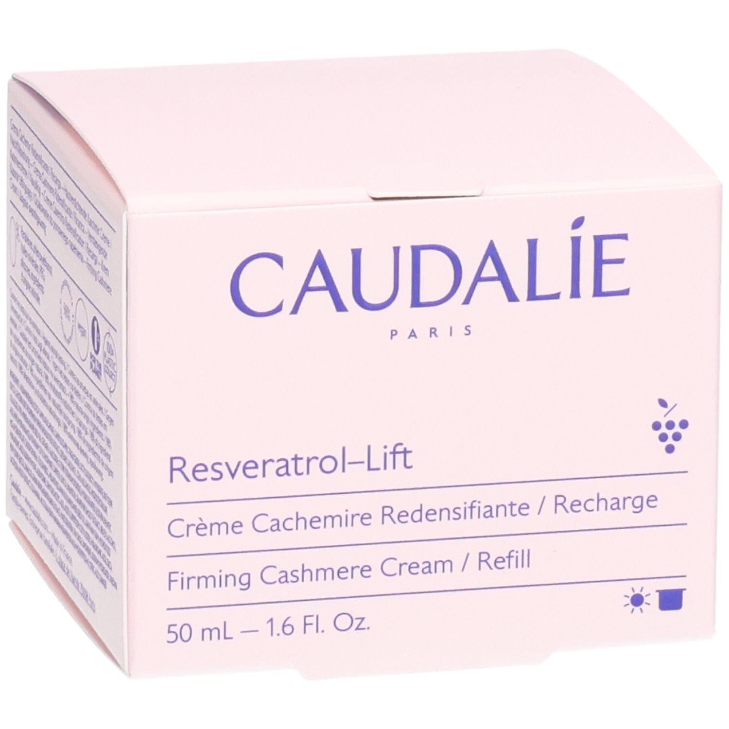 Caudalie Resveratrol-Lift Creme-Verpackung. Rosa Schachtel mit Text und Logo.