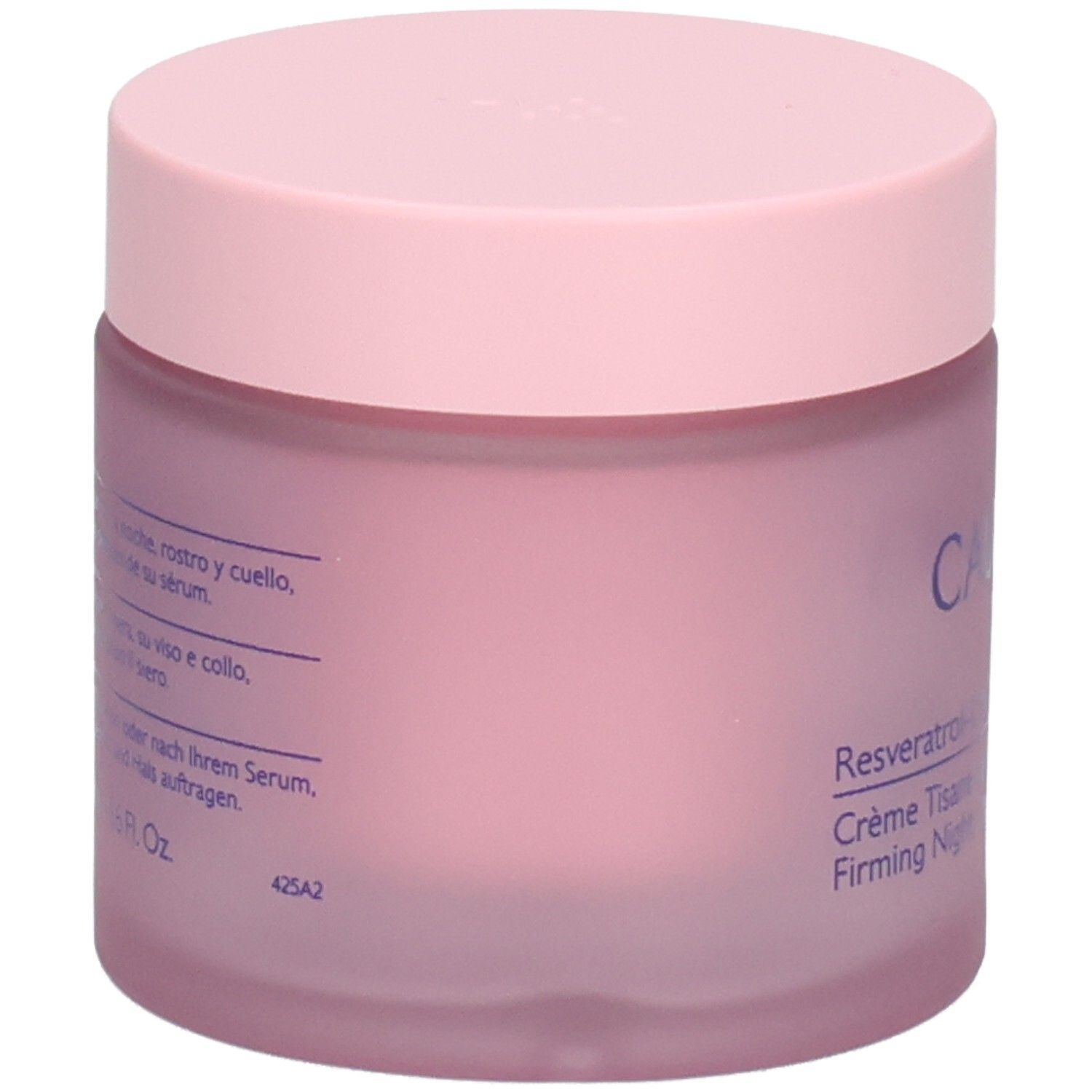 Pot de crème rose avec couvercle rose. Inscription: Caudalie, Resveratrol-Lift, Crème Tisane de Nuit, Firming Night Cream.