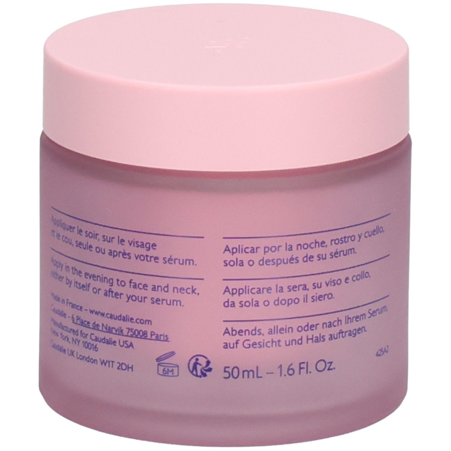 Pot de crème rose avec couvercle rose. Inscription: Caudalie, Resveratrol-Lift, Crème Tisane de Nuit, Firming Night Cream.