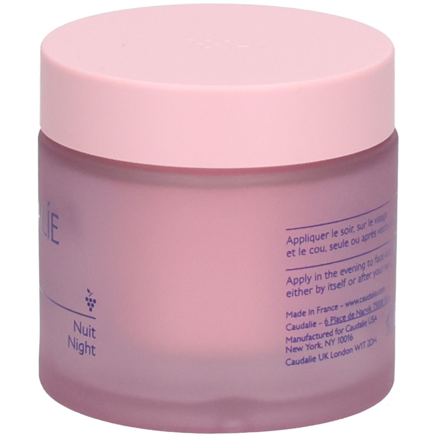 Pot de crème rose avec couvercle rose. Inscription: Caudalie, Nuit Night. Avec logo raisin.