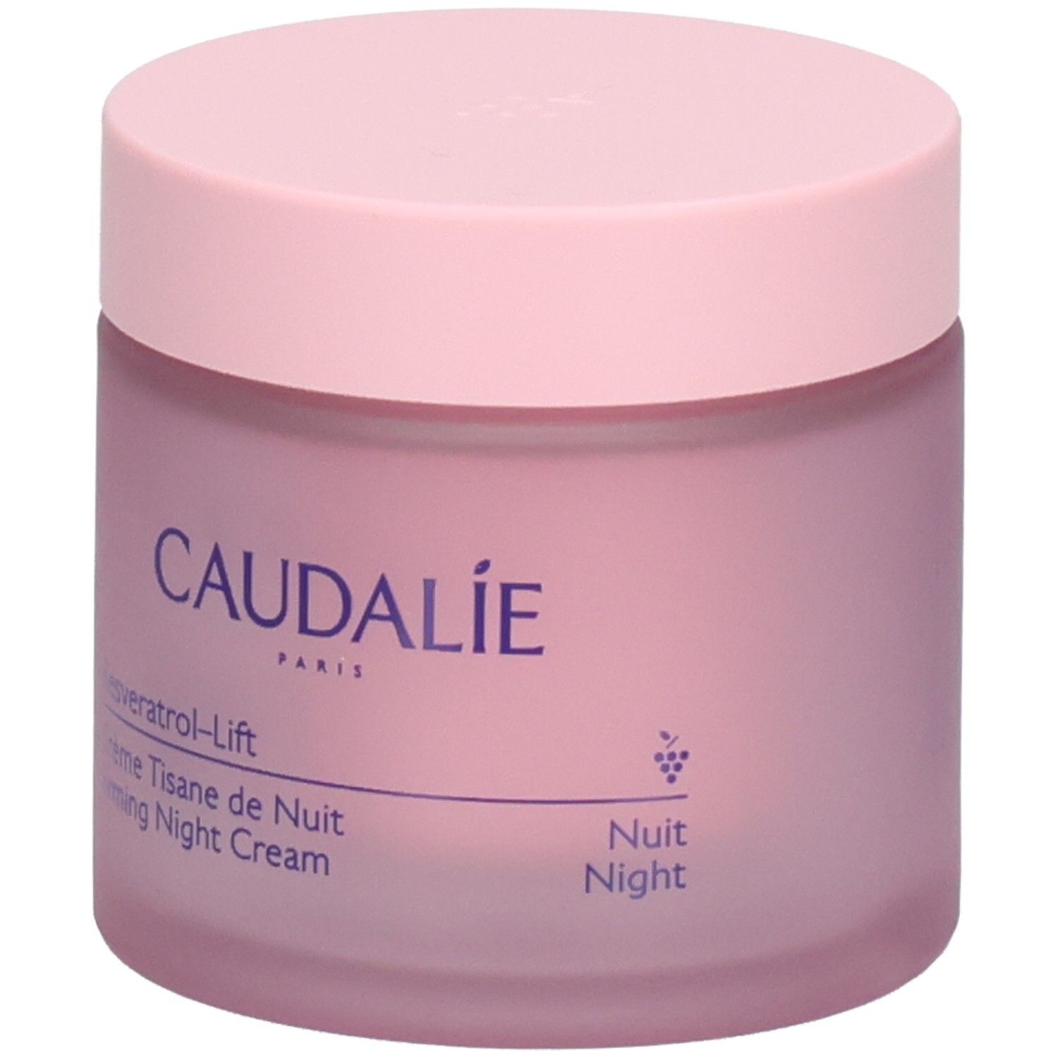 Pot de crème rose avec couvercle rose. Inscription: Caudalie, Resveratrol-Lift, Crème Tisane de Nuit, Firming Night Cream.