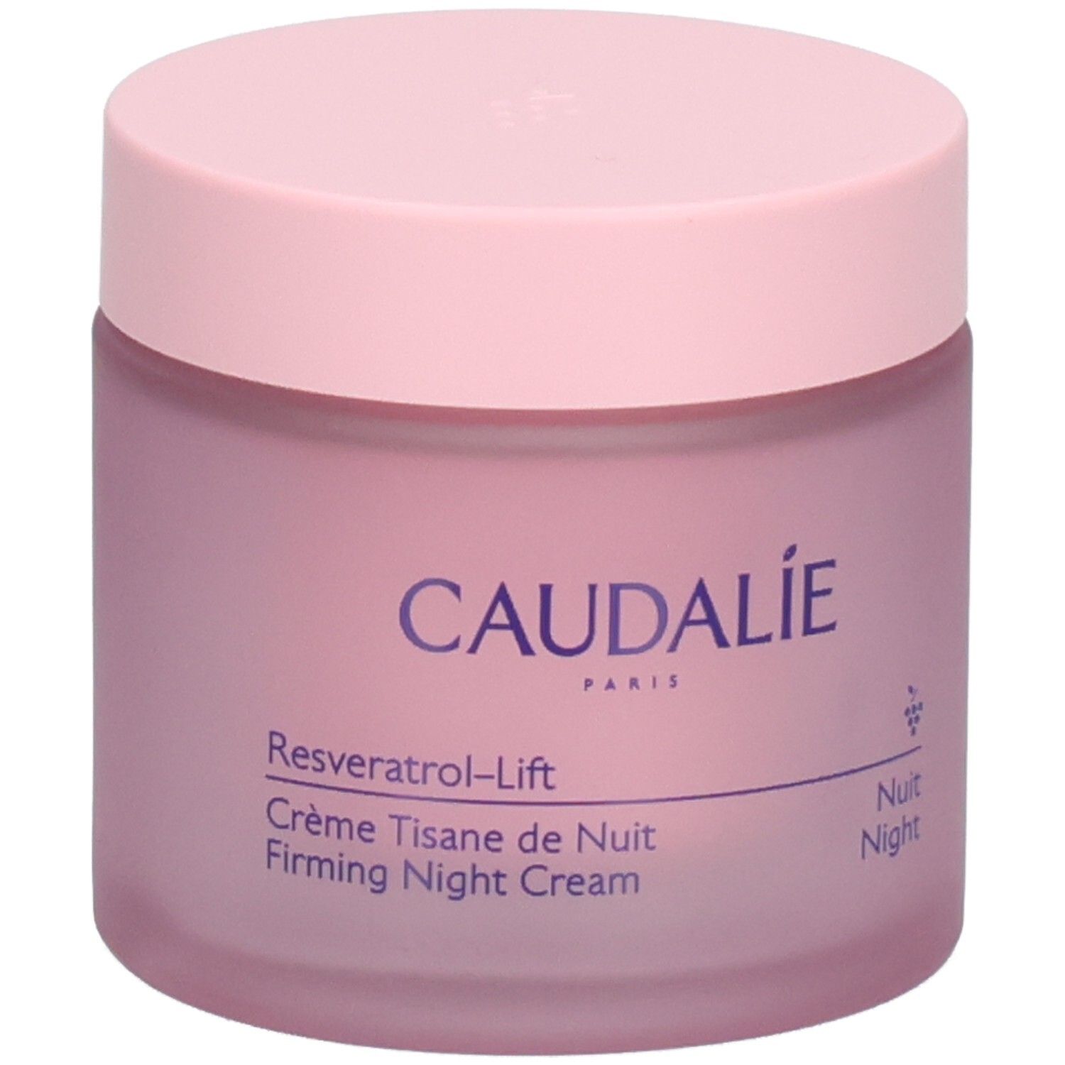 Pot de crème rose avec couvercle rose. Inscription: Caudalie, Resveratrol-Lift, Crème Tisane de Nuit, Firming Night Cream.