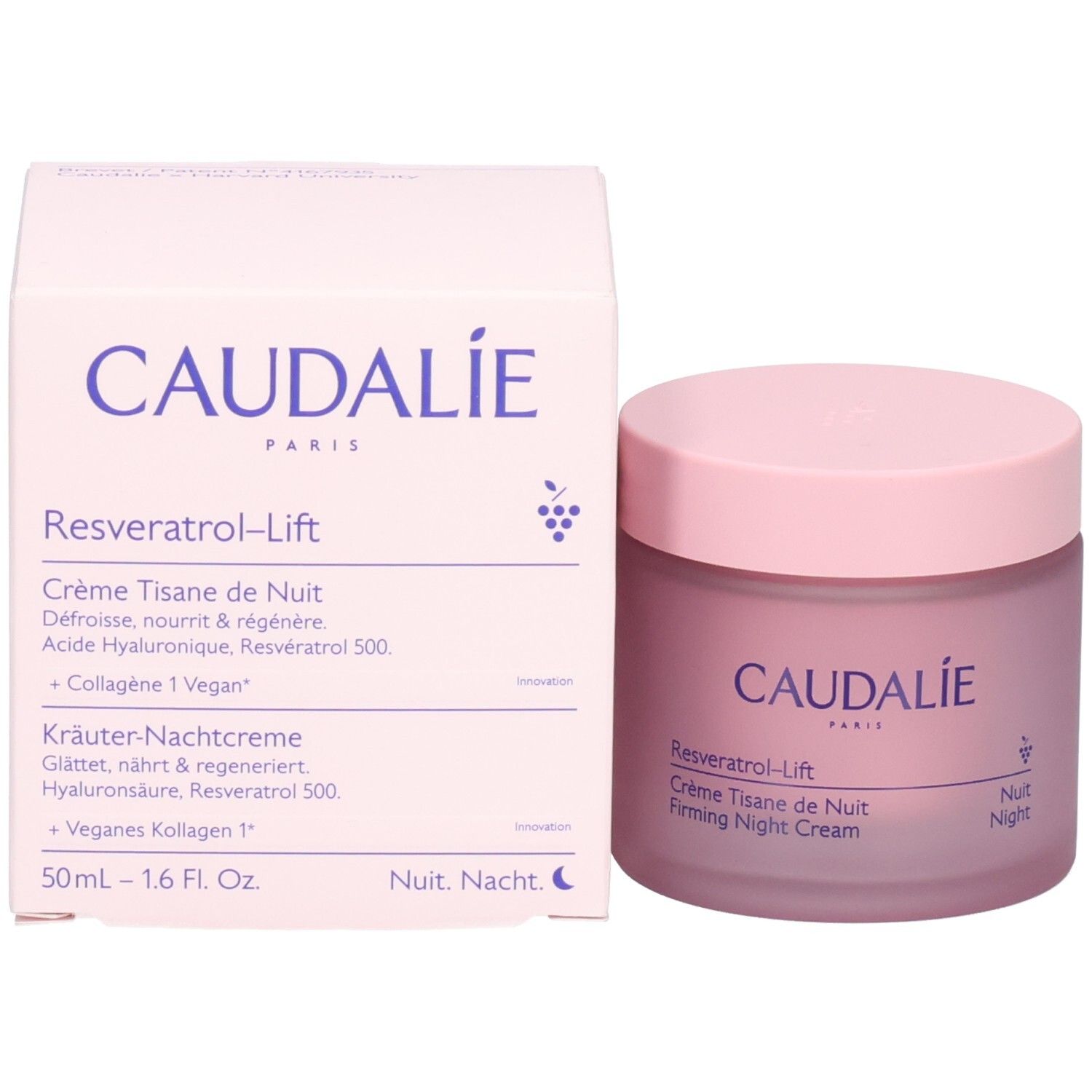 Boîte Caudalie et pot de crème rose. Inscription: Resveratrol-Lift, Crème Tisane de Nuit. 50ml.