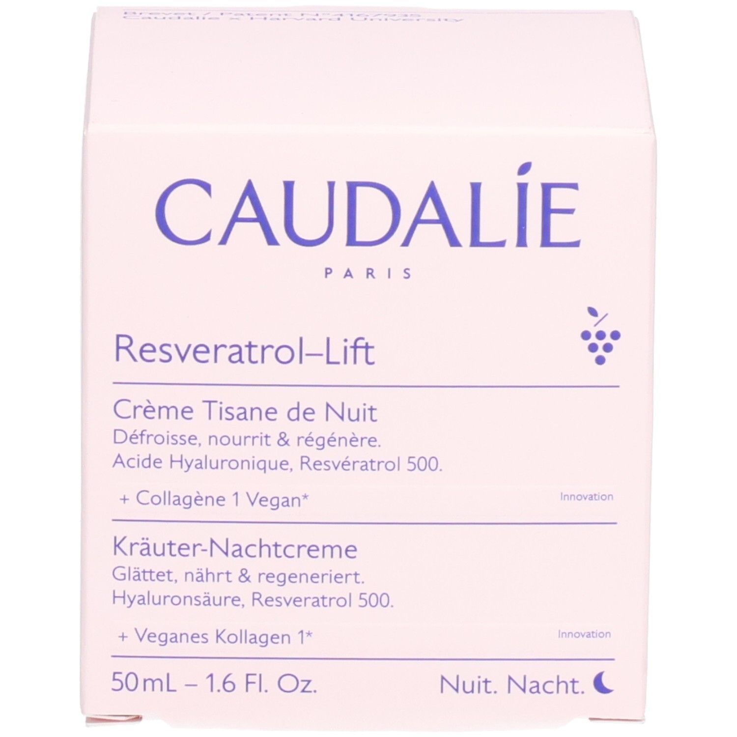 Boîte Caudalie. Inscription: Resveratrol-Lift, Crème Tisane de Nuit. Contient 50ml. Logo raisin. Vegan.