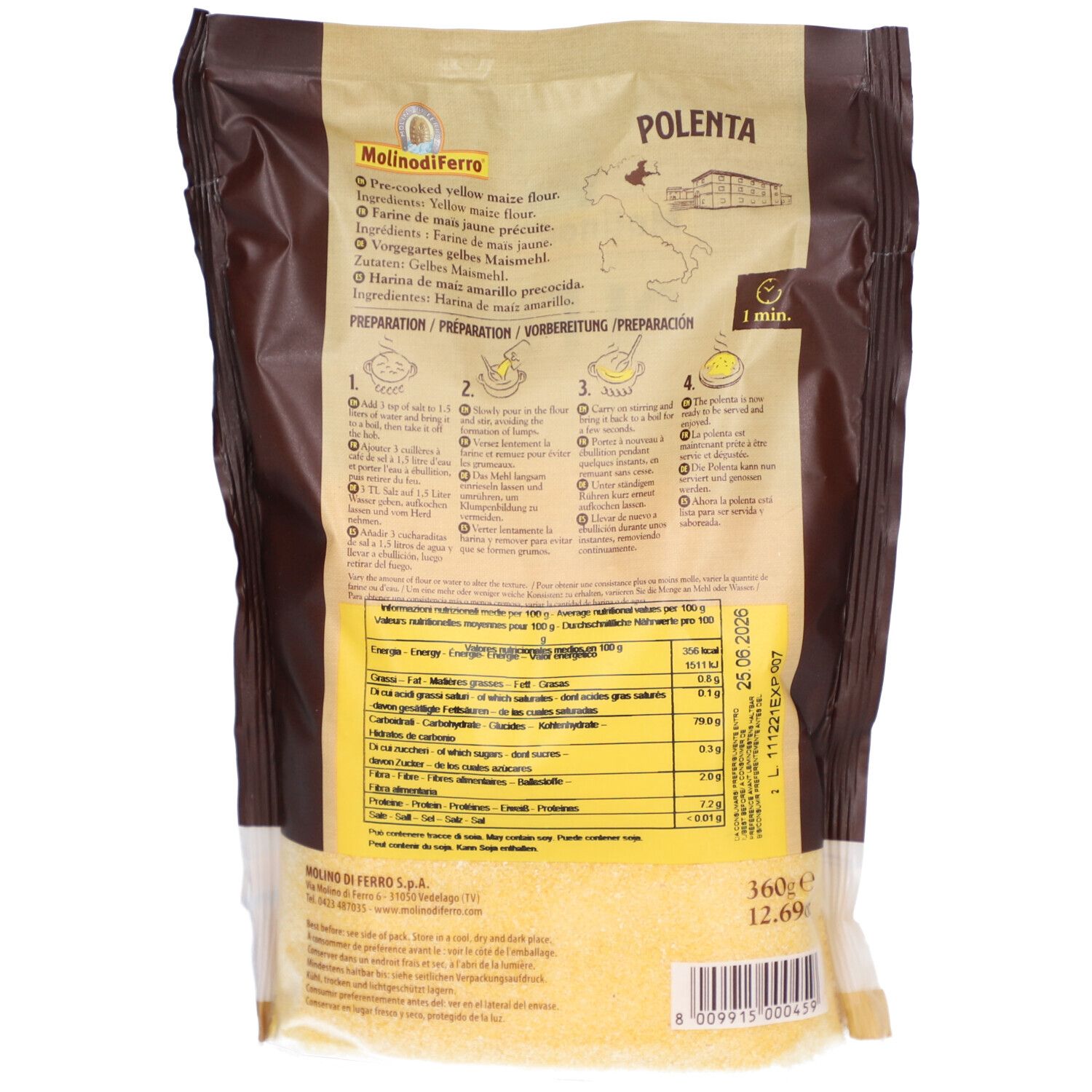 Rückseite der Polenta-Verpackung. Text: Zubereitung, Nährwertangaben, MolinodiFerro. Enthält Informationen in verschiedenen Sprachen.