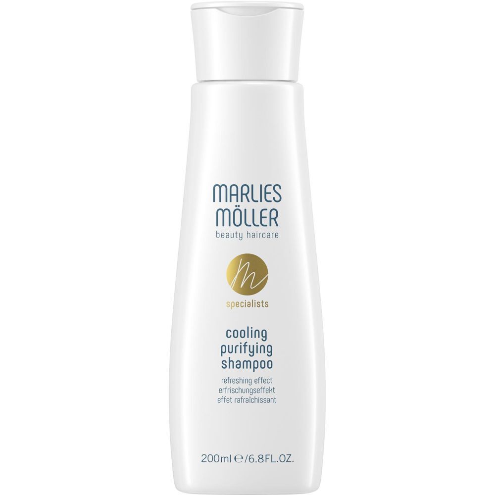 Flacon blanc avec bouchon blanc. Inscription: Marlies Möller, cooling purifying shampoo. 200ml/6.8FL.OZ.