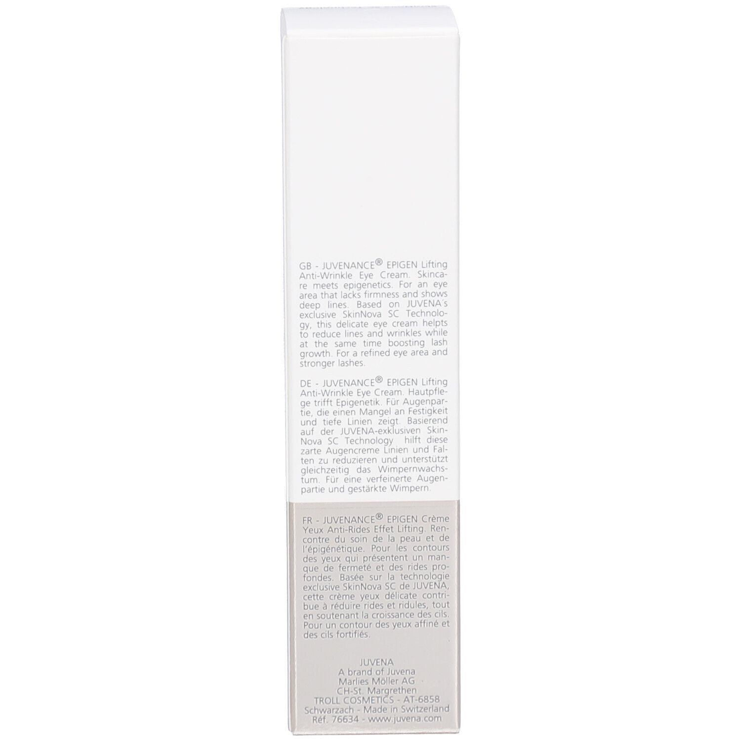 Côté de l'emballage du produit. Texte en plusieurs langues. Nom et marque visibles.