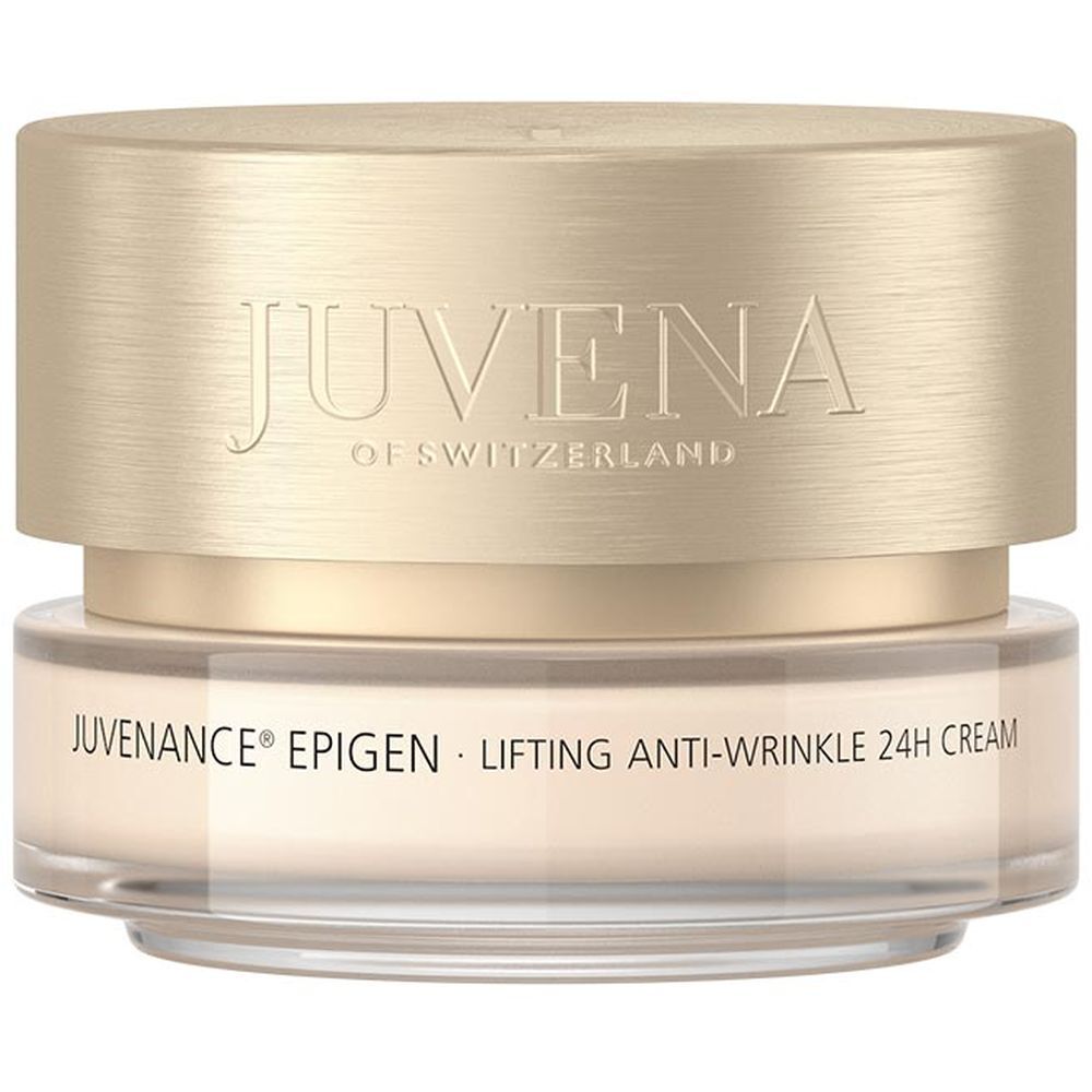Creme-Tiegel mit goldfarbenem Deckel. Aufschrift: Juvena of Switzerland. Produktbezeichnung: Juvenance Epigen Lifting Anti-Wrinkle 24h Cream.