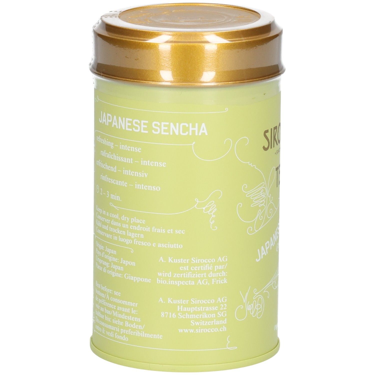 Arrière d'une boîte vert clair avec SIROCCO TEA JAPANESE SENCHA, instructions et origine Japon.