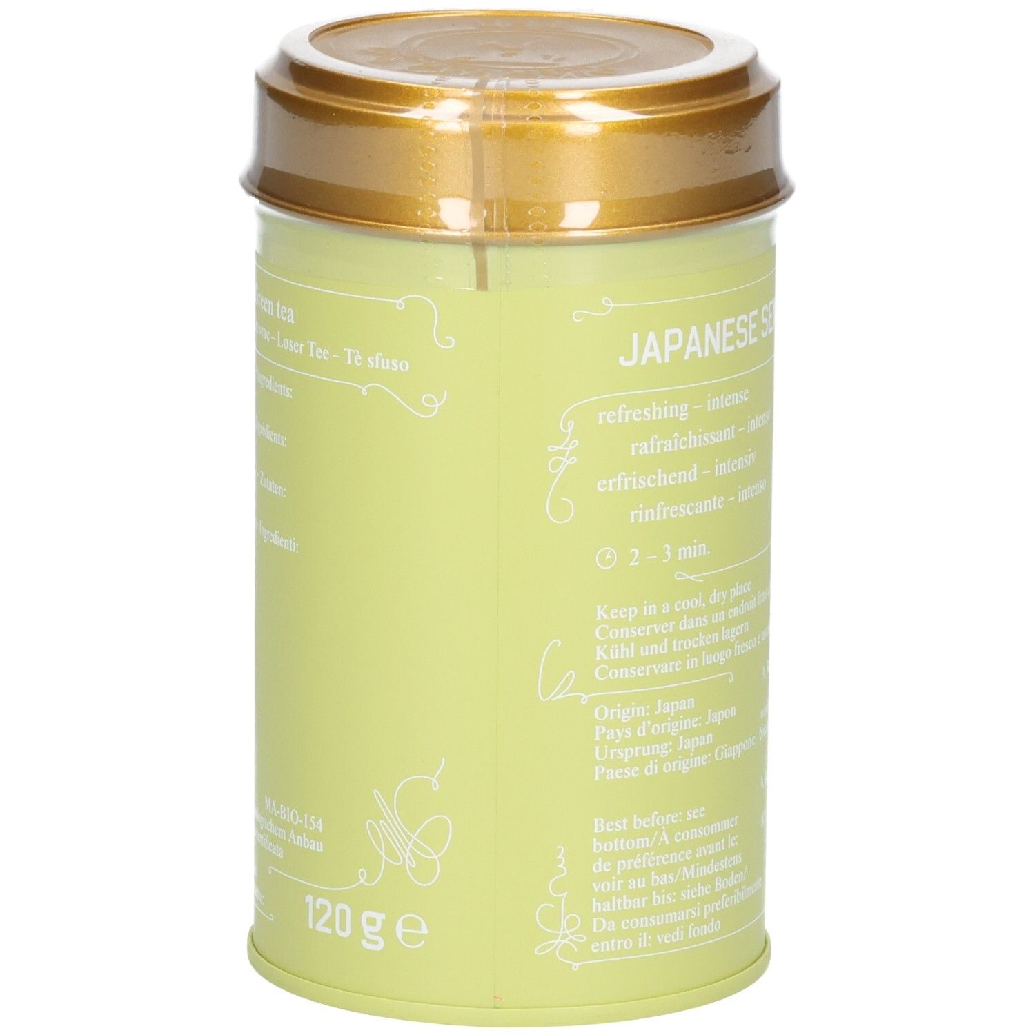 Côté d'une boîte vert clair avec SIROCCO TEA JAPANESE SENCHA, temps d'infusion et poids net 120g.