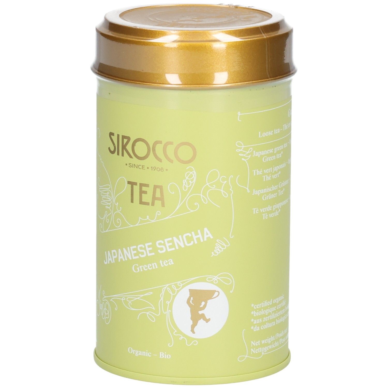 Avant d'une boîte vert clair avec SIROCCO TEA JAPANESE SENCHA, thé vert, sceau Bio.
