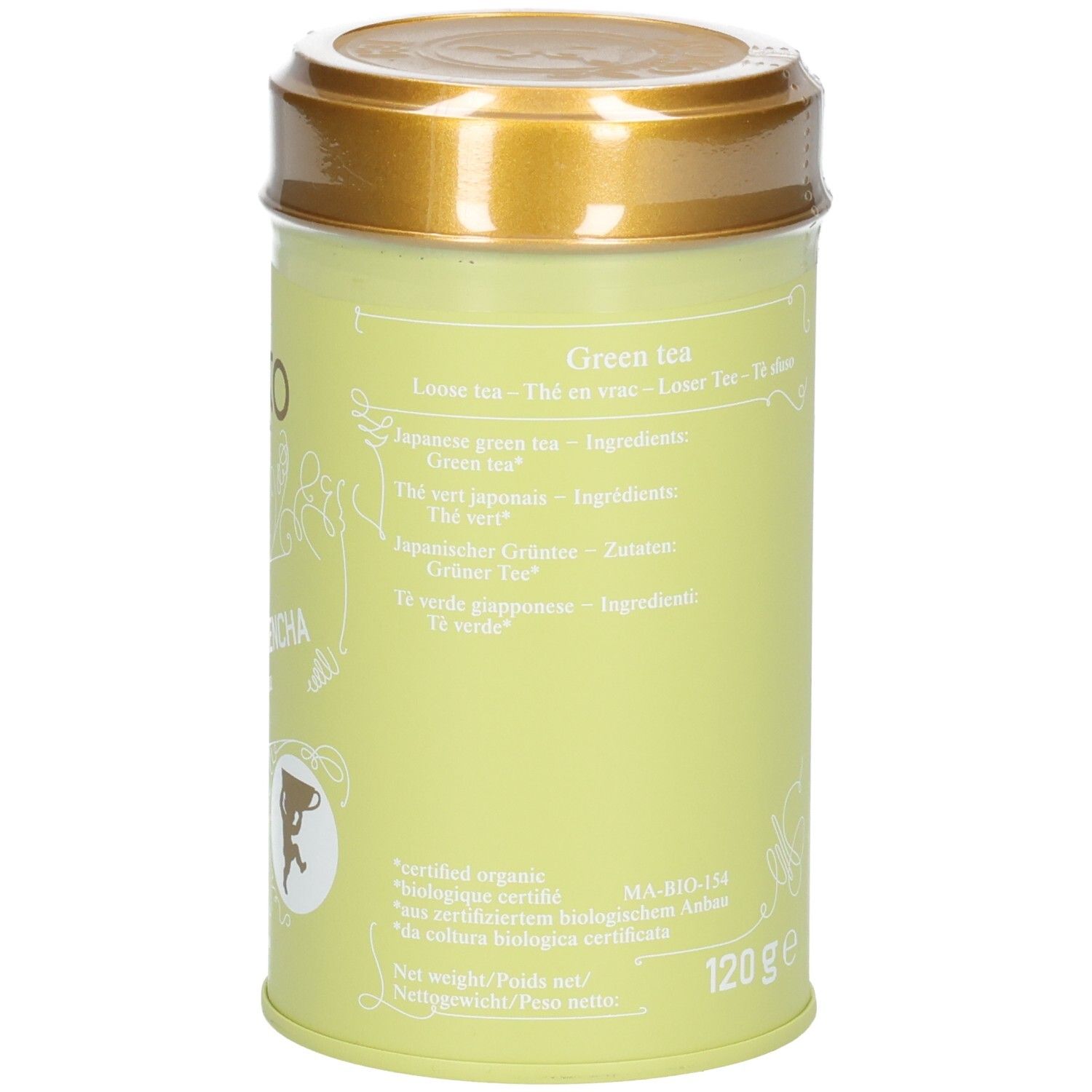 Arrière d'une boîte vert clair avec SIROCCO TEA JAPANESE SENCHA, thé vert, certifié biologique.