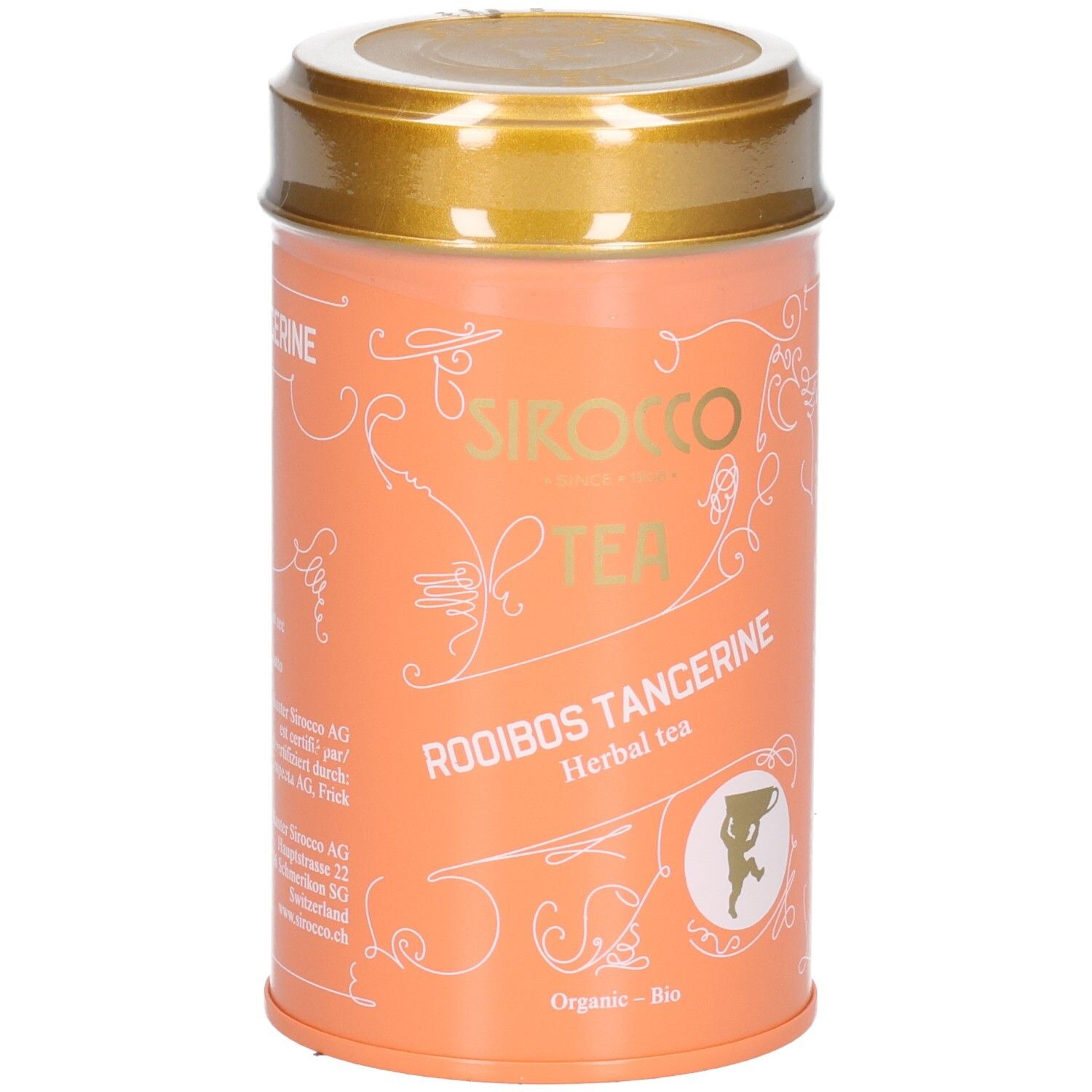 Orange Teedose mit goldenem Deckel, SIROCCO TEA ROOIBOS TANGERINE Schriftzug.