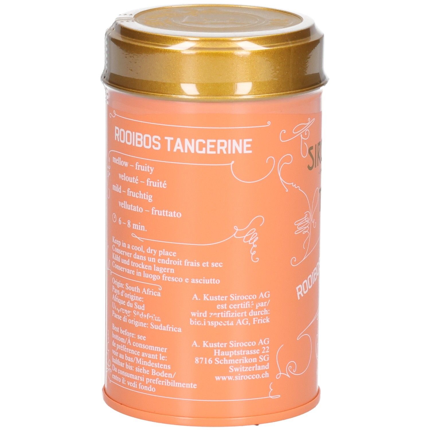 Rückseite einer orangefarbenen Teedose mit Hinweisen zu Geschmack, Herkunft und Lagerung.