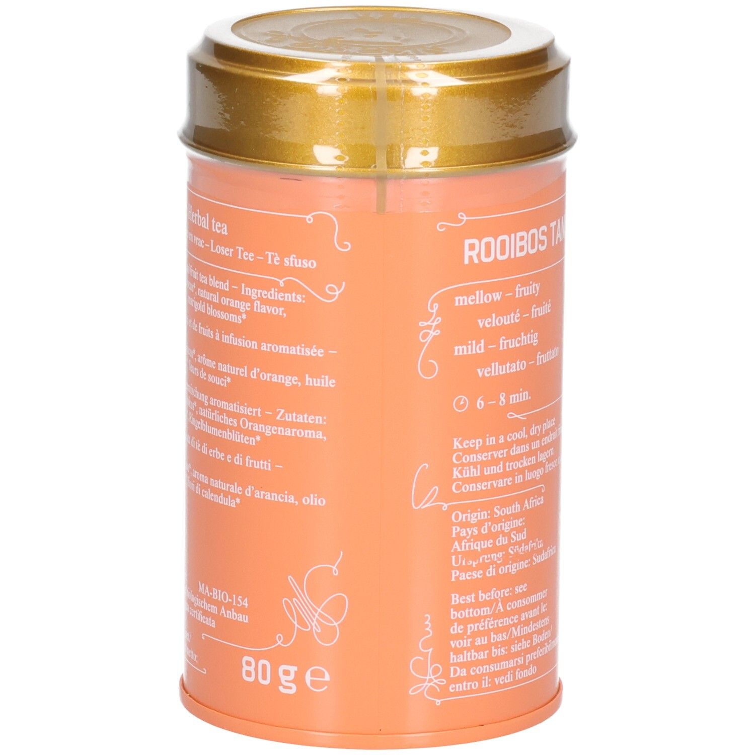 Seite einer orangefarbenen Teedose mit Zutatenliste und Nettogewicht von 80g.