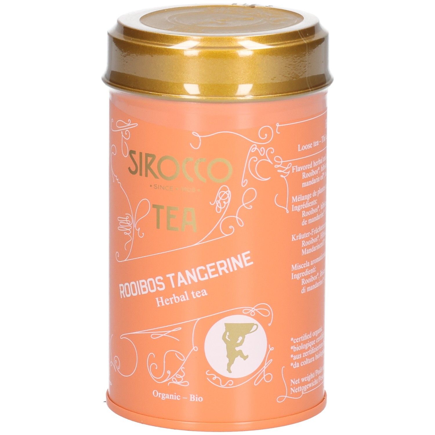 Vorderseite einer orangefarbenen Teedose mit SIROCCO TEA ROOIBOS TANGERINE und Bio-Siegel.