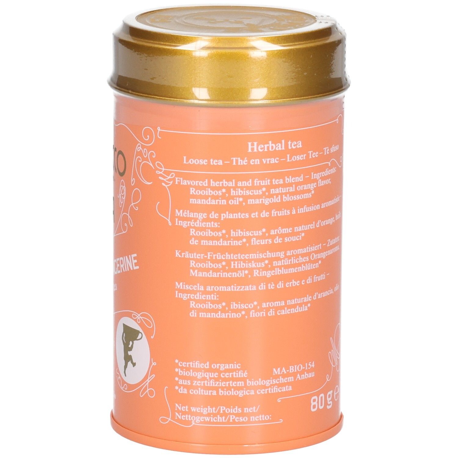Seite einer orangefarbenen Teedose mit detaillierter Zutatenliste für Kräutertee.