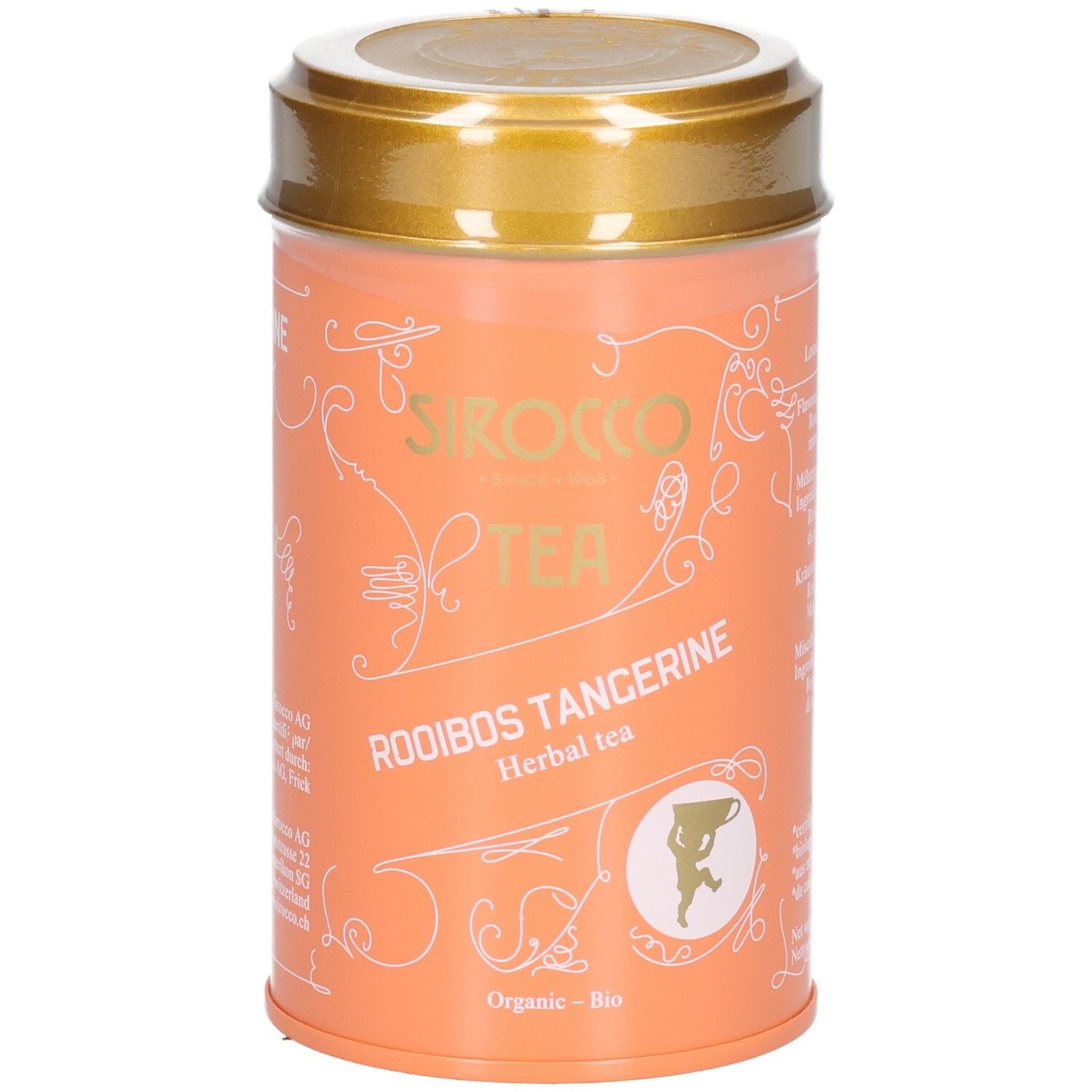 Orange Teedose mit goldenem Deckel, SIROCCO TEA ROOIBOS TANGERINE Schriftzug und Bio-Siegel.