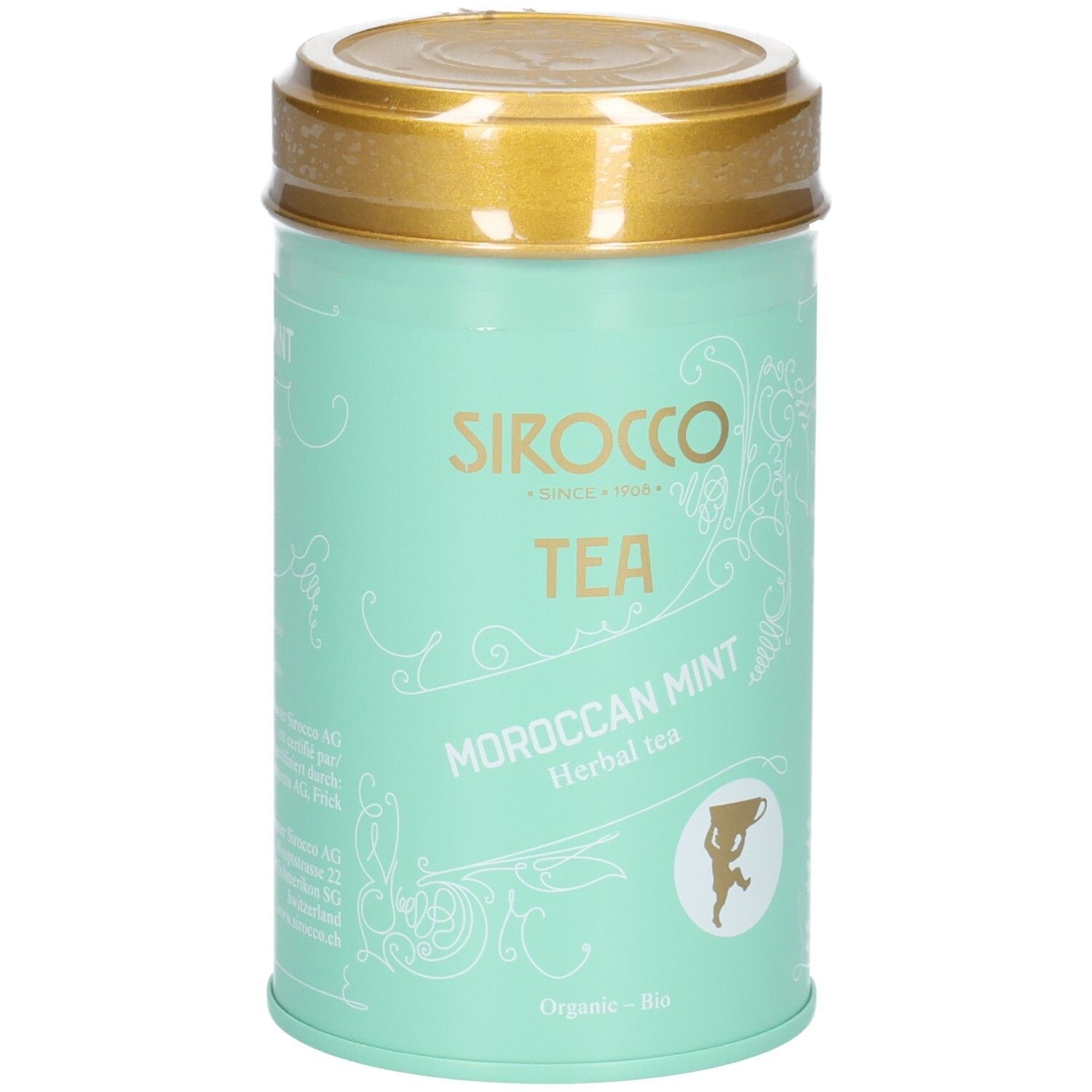 SIROCCO Teedose Medium, Moroccan Mint Kräutertee, mintgrün mit goldenem Deckel.