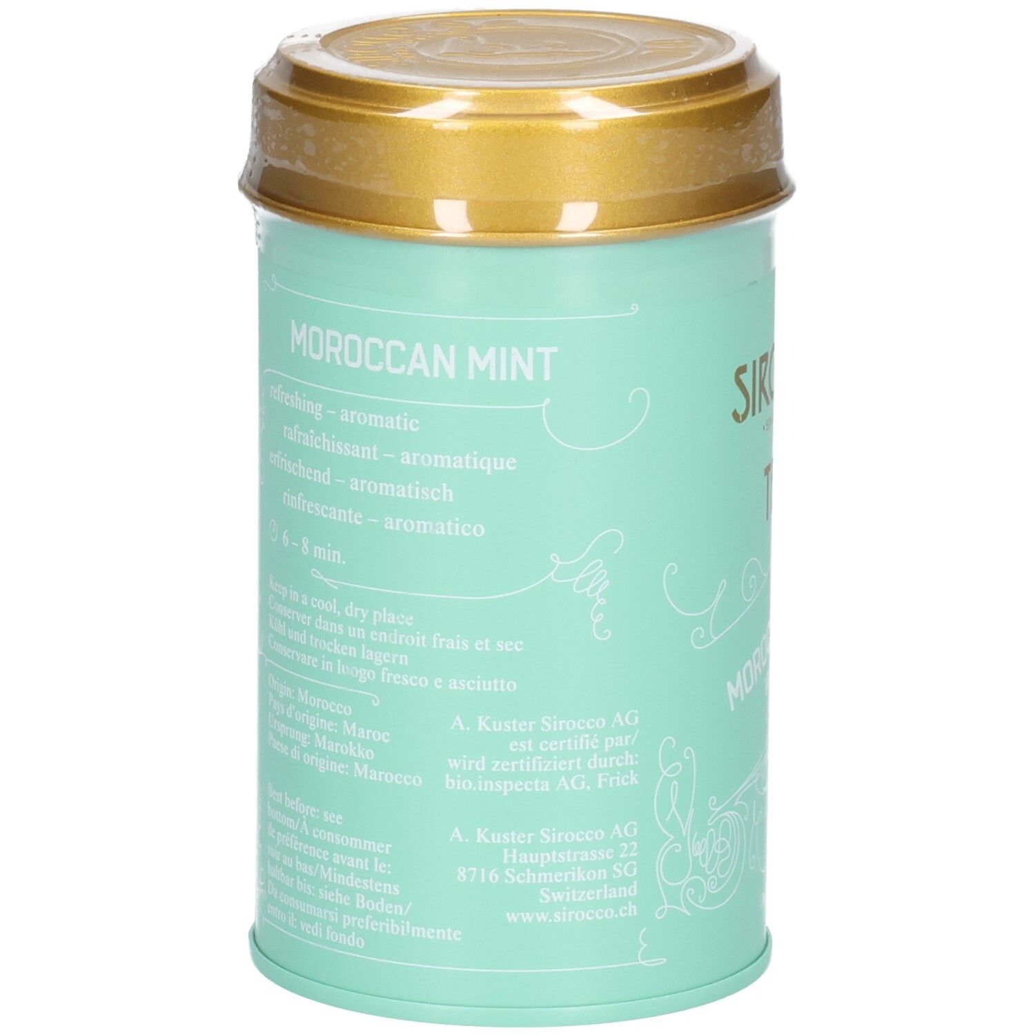 SIROCCO Teedose Medium, Rückseite mit Zubereitungshinweisen und Herkunftsangabe.