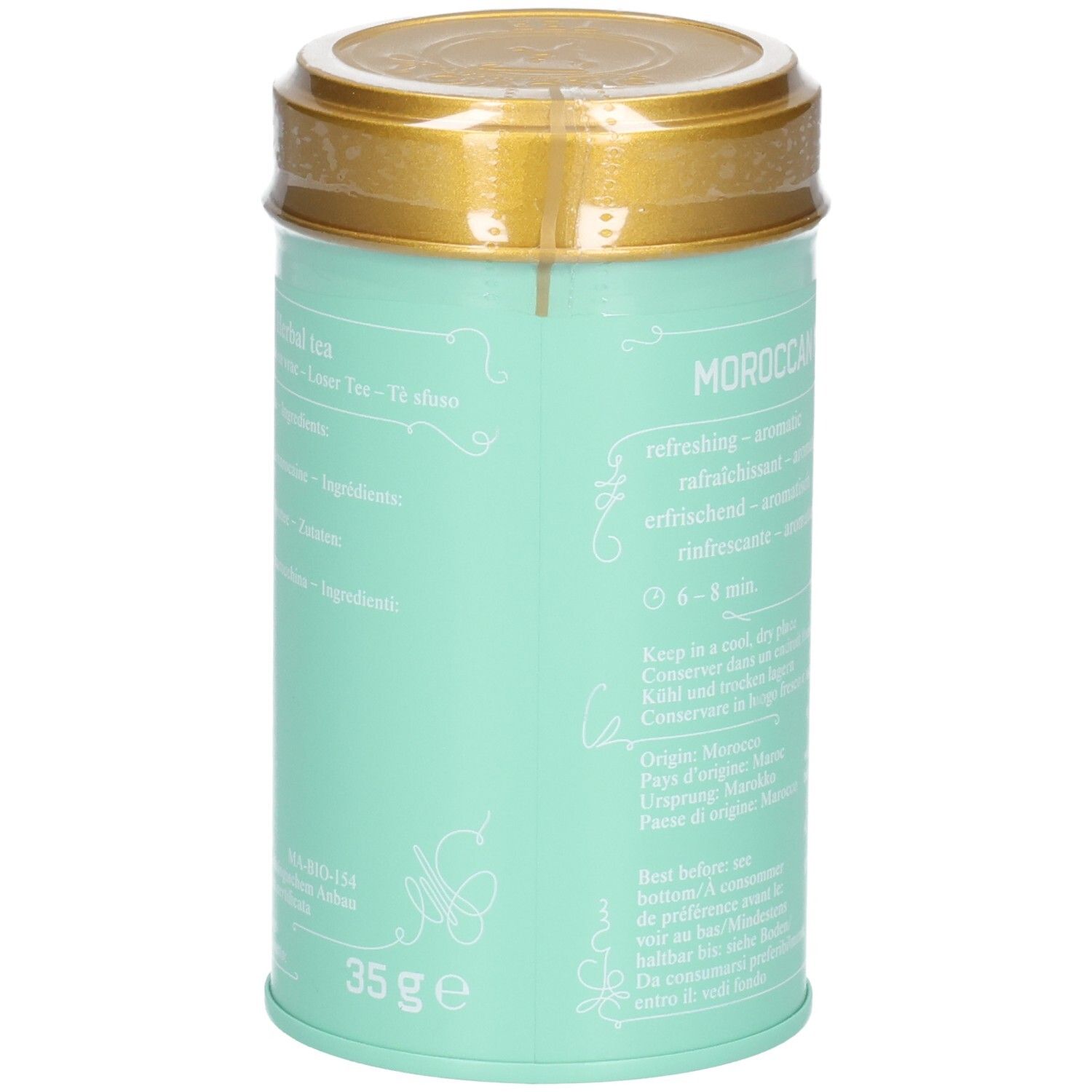 SIROCCO Teedose Medium, Seite mit Gewichtsangabe 35 g und Bio-Siegel.