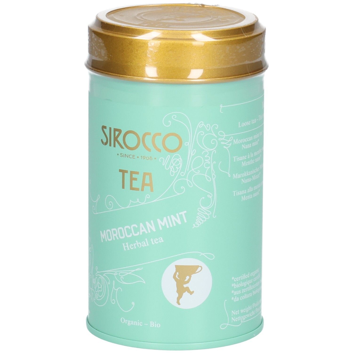 SIROCCO Teedose Medium, Moroccan Mint Kräutertee, mintgrün mit goldenem Deckel.