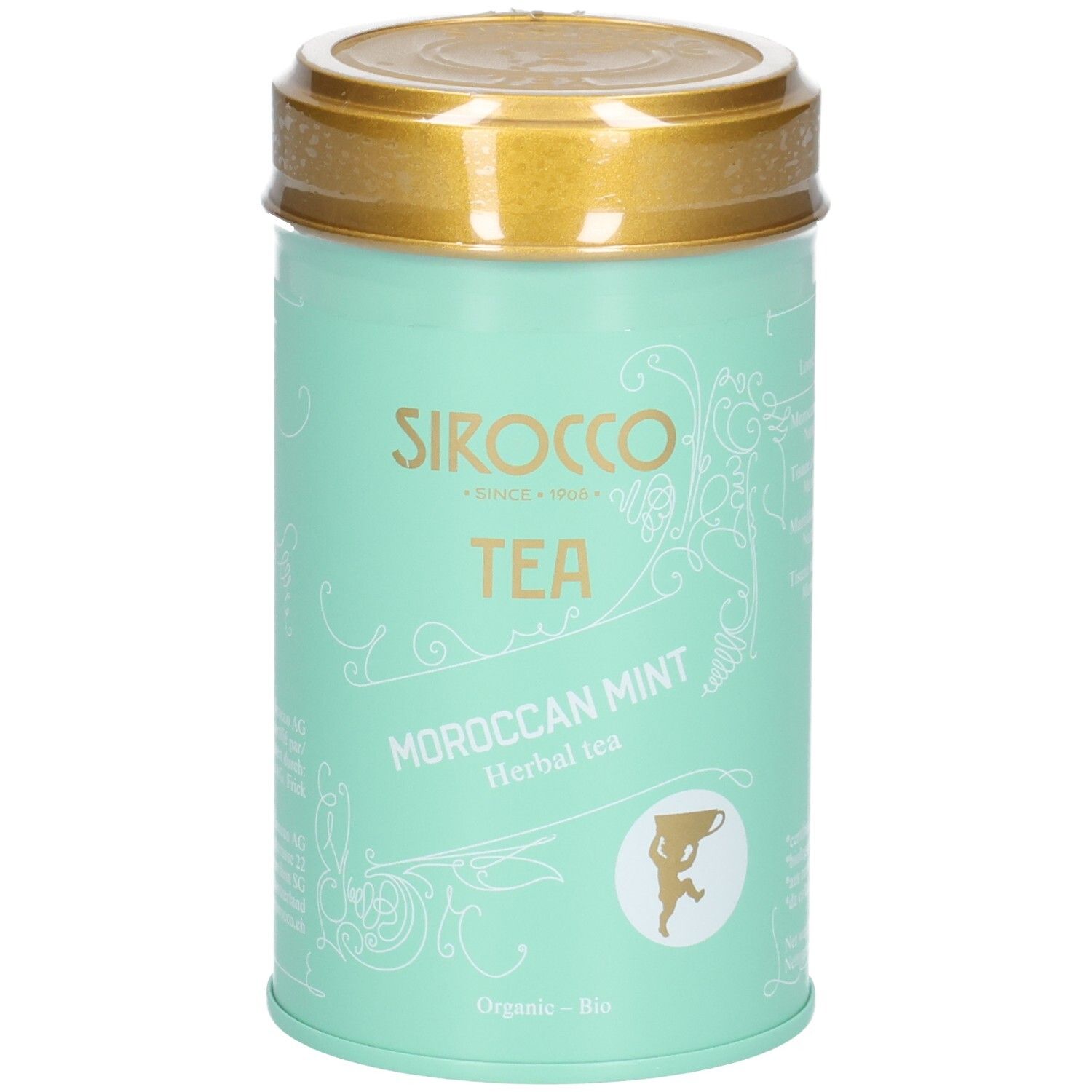 SIROCCO Teedose Medium, Moroccan Mint Kräutertee, mintgrün mit goldenem Deckel.