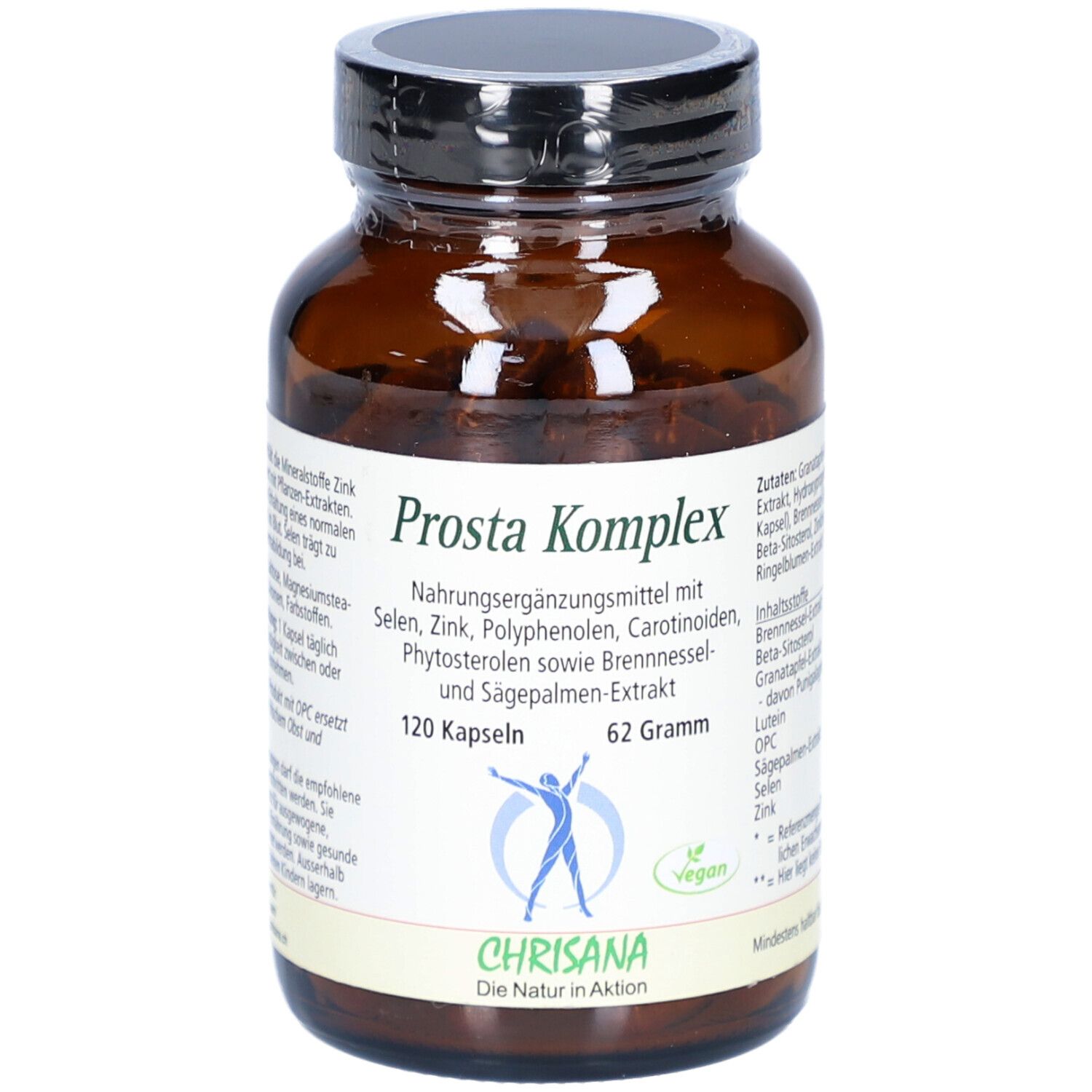 Braune Glasflasche mit Kapseln. Aufschrift: Prosta Komplex, 120 Kapseln, 62 Gramm. Marke: CHRISANA.