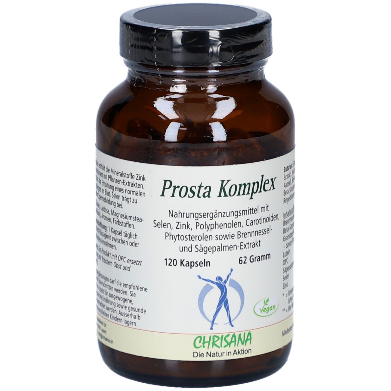 Braune Glasflasche mit Kapseln. Aufschrift: Prosta Komplex, 120 Kapseln, 62 Gramm. Marke: CHRISANA.