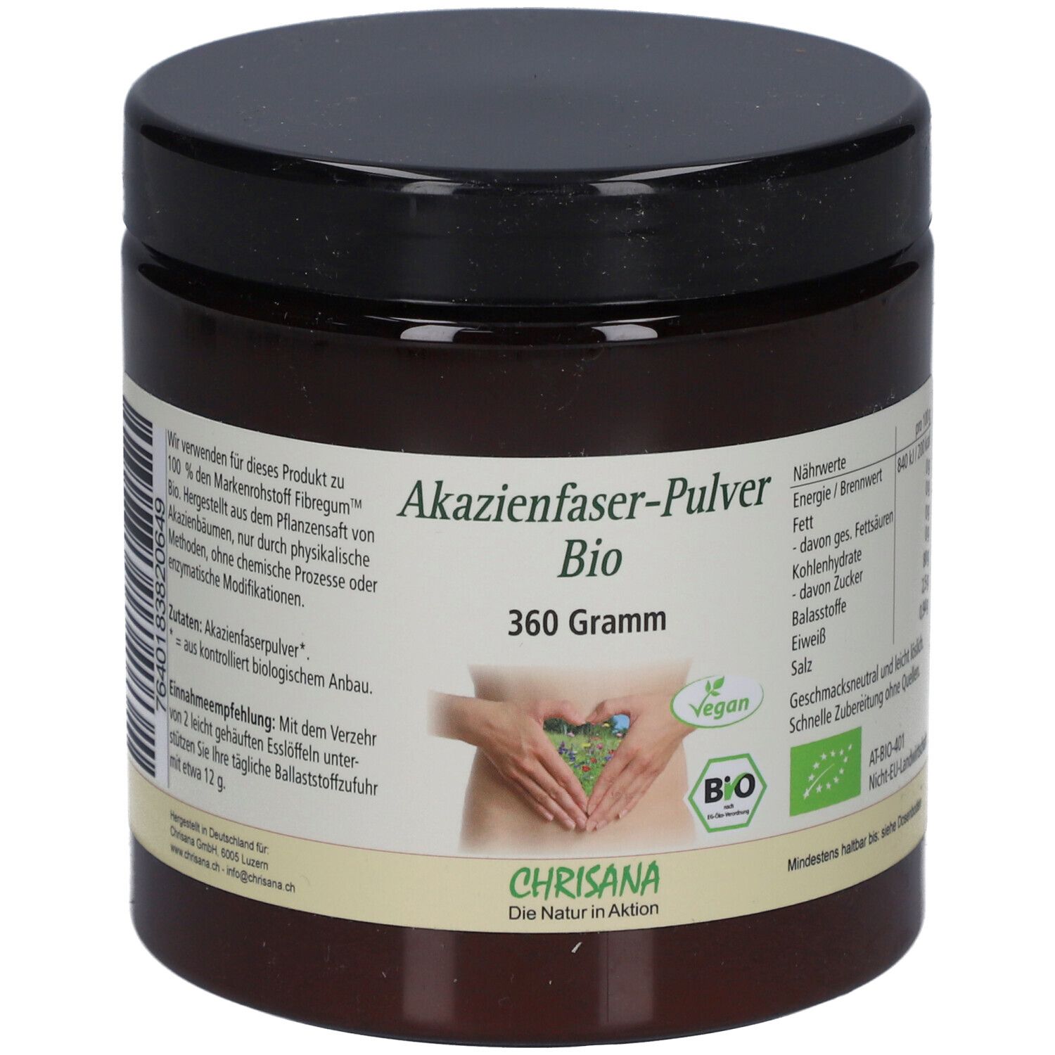 Braune Dose mit schwarzem Deckel. Aufschrift: Akazienfaser-Pulver Bio, 360 Gramm. Vegan-Siegel und Bio-Siegel.