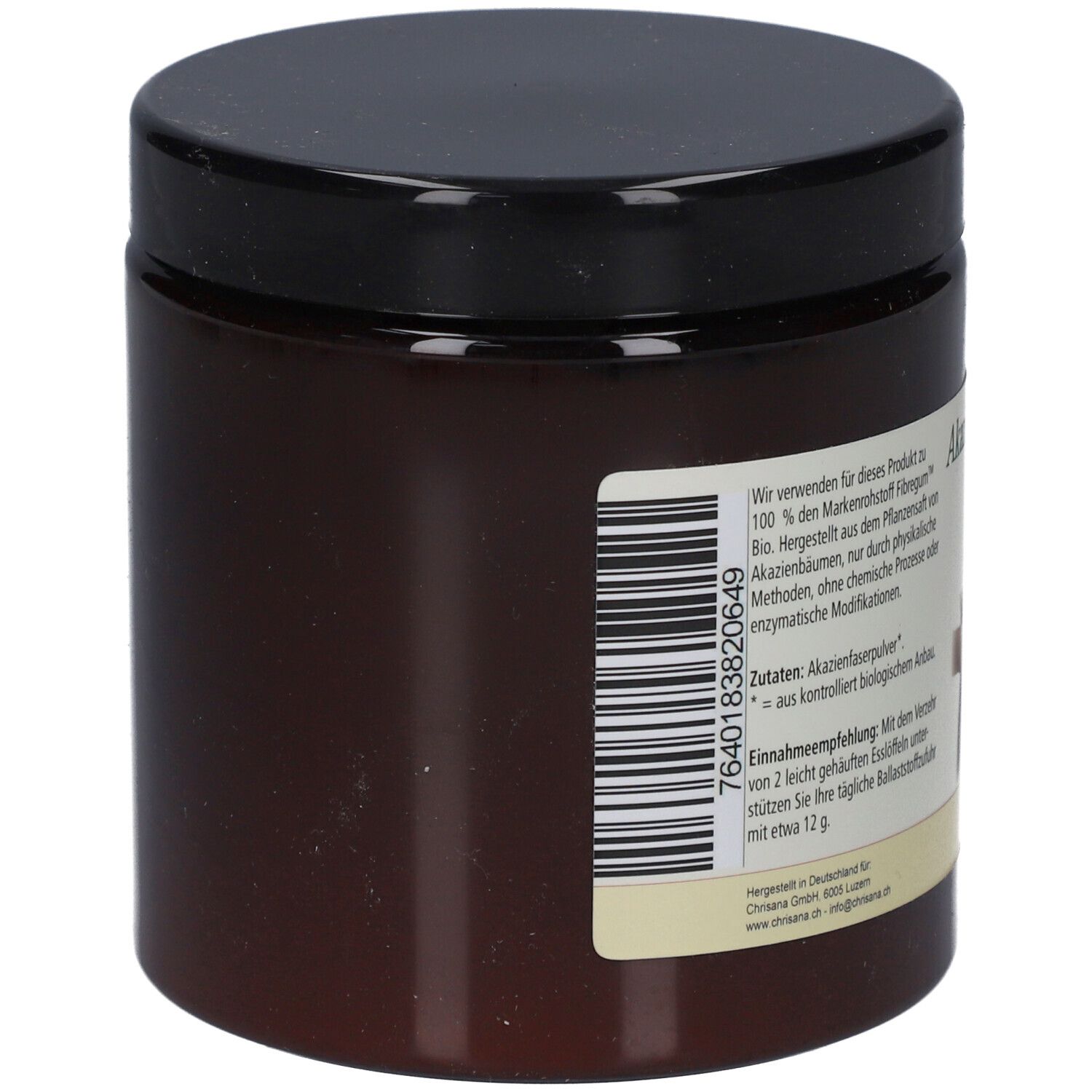 Braune Dose mit schwarzem Deckel. Aufkleber mit Text und Barcode. Text: Akazienfaserpulver, aus kontrolliert biologischem Anbau.