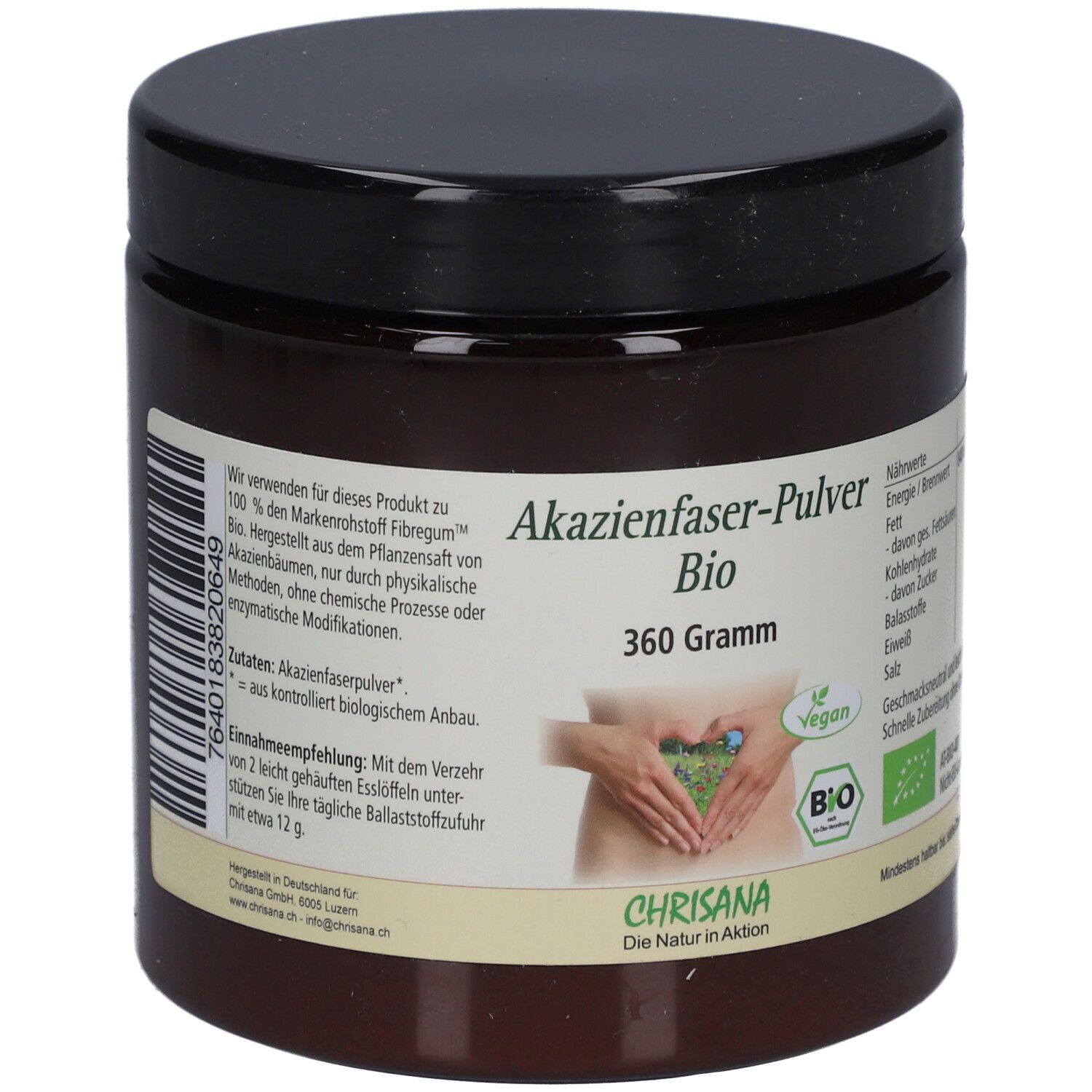 Braune Dose mit schwarzem Deckel. Aufschrift: Akazienfaser-Pulver Bio, 360 Gramm. Vegan-Siegel und Bio-Siegel.