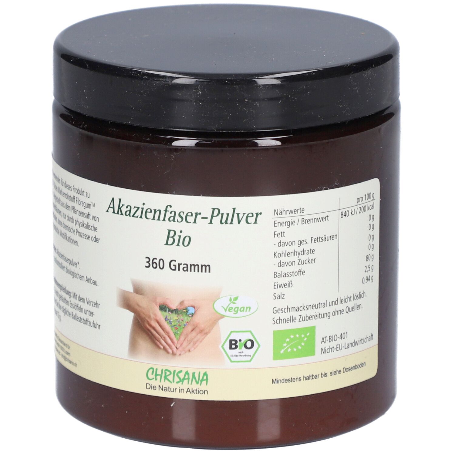 Braune Dose mit schwarzem Deckel. Aufschrift: Akazienfaser-Pulver Bio, 360 Gramm. Vegan-Siegel und Bio-Siegel. Nährwertangaben.