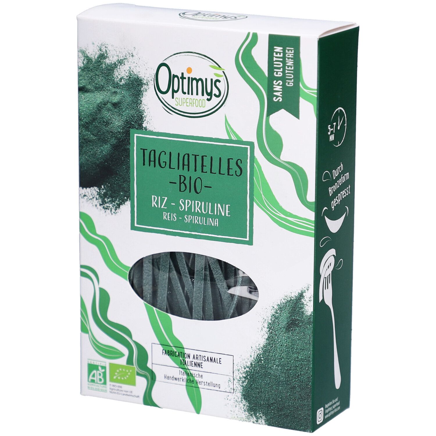 Boîte de Tagliatelles OPTIMYS Spiruline Bio sans gluten. Pâtes vertes dans une boîte blanche. Logo AB-Bio.