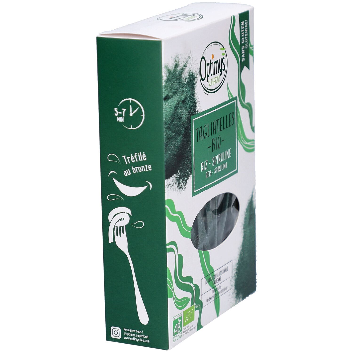 Boîte OPTIMYS Tagliatelles Spiruline Bio sans gluten. Vue latérale. Texte: 5-7 minutes, Tréfilé au bronze.
