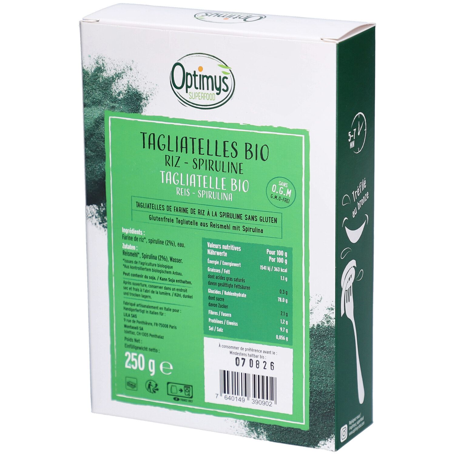 Emballage OPTIMYS Tagliatelles Bio. Dos avec informations nutritionnelles et liste des ingrédients. 250g. Logo AB-Bio.