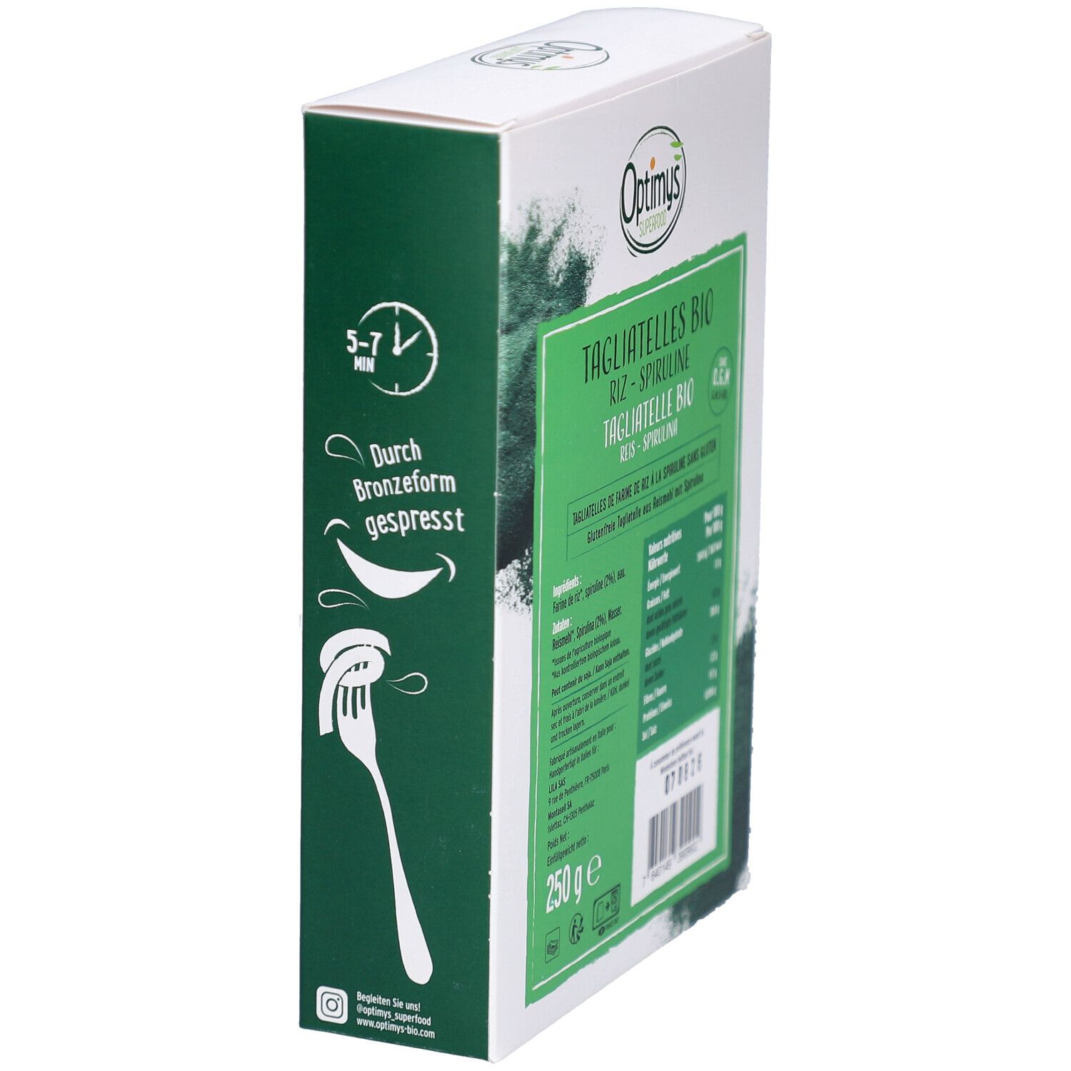 Boîte OPTIMYS Tagliatelles Bio. Vue latérale avec texte: 5-7 minutes, pressé au bronze, 250g.