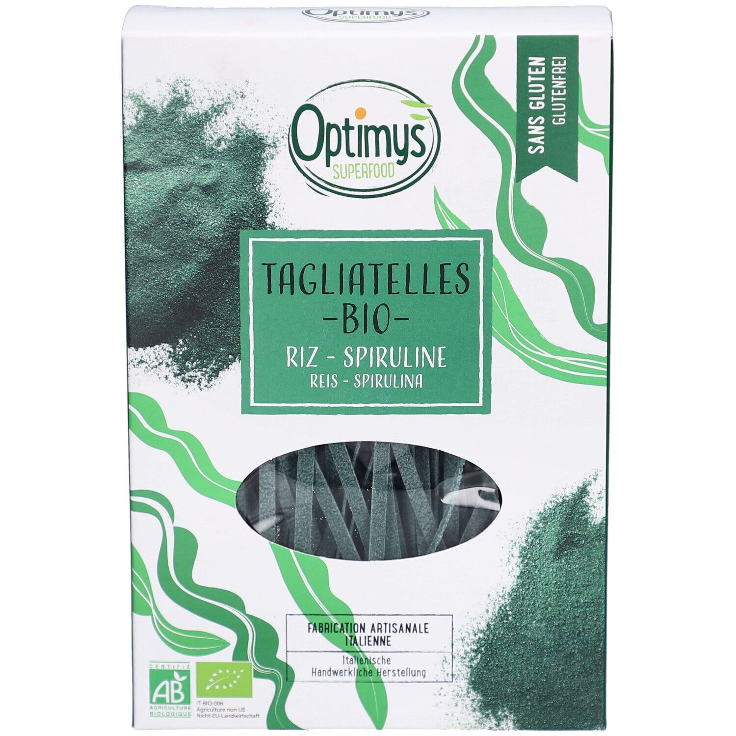 Emballage OPTIMYS Tagliatelles Spiruline Bio sans gluten. Boîte blanche avec pâtes vertes. Logo AB-Bio.