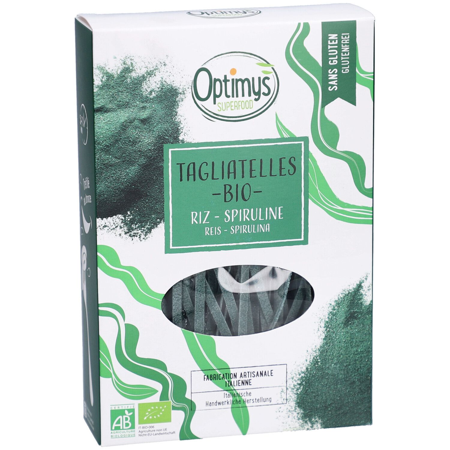 Emballage OPTIMYS Tagliatelles Spiruline Bio sans gluten. Boîte blanche avec pâtes vertes. Logo AB-Bio.